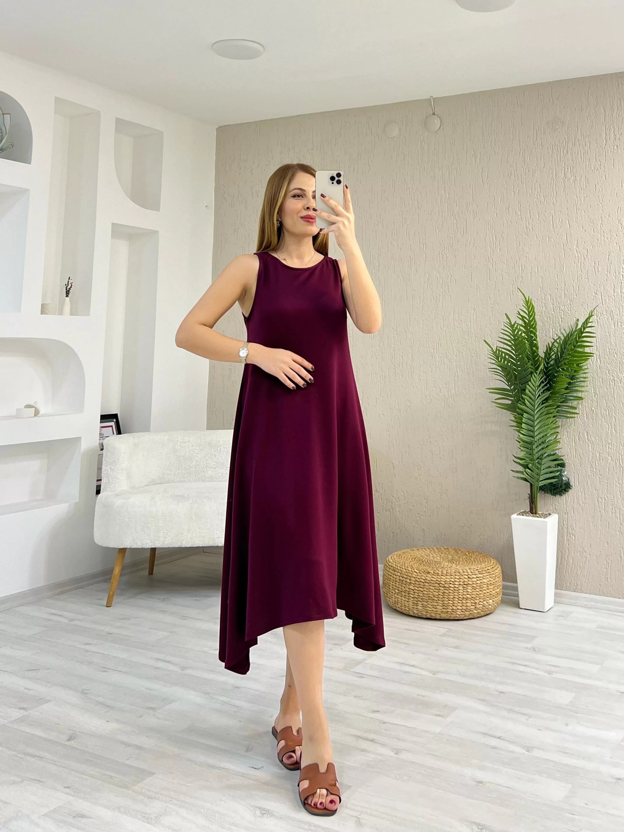 Eteği Asimetrik Elbise Bordo