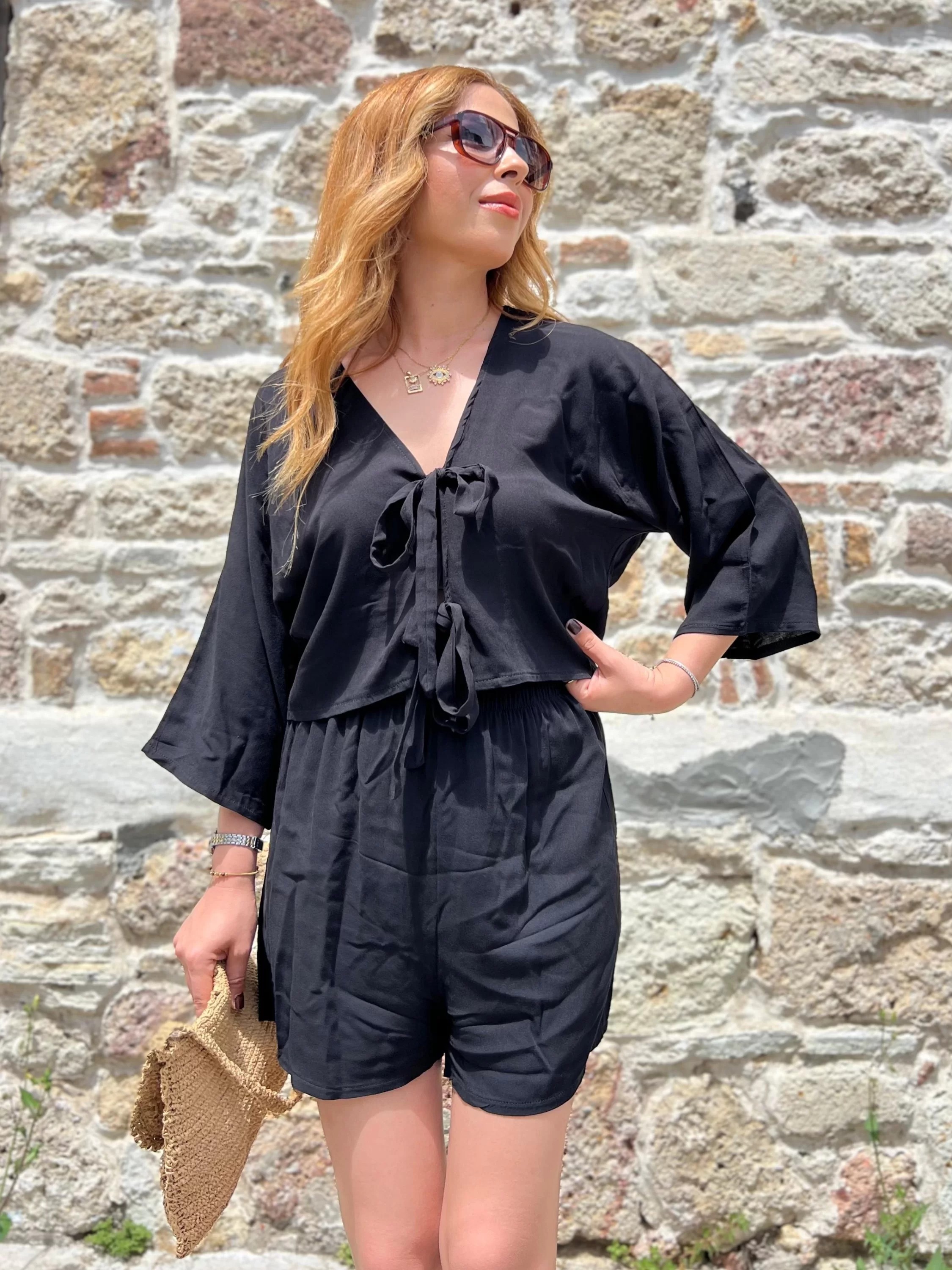 Desenli Kimono Şortlu Takım Siyah