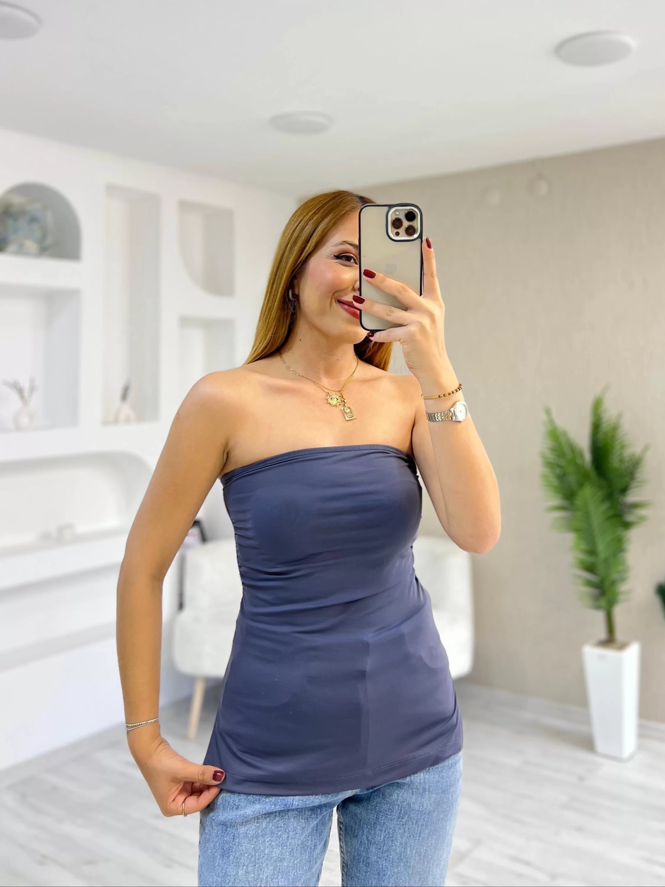 Straplez Yanı Yırtmaçlı Sandy Kumaş Bluz Antrasit