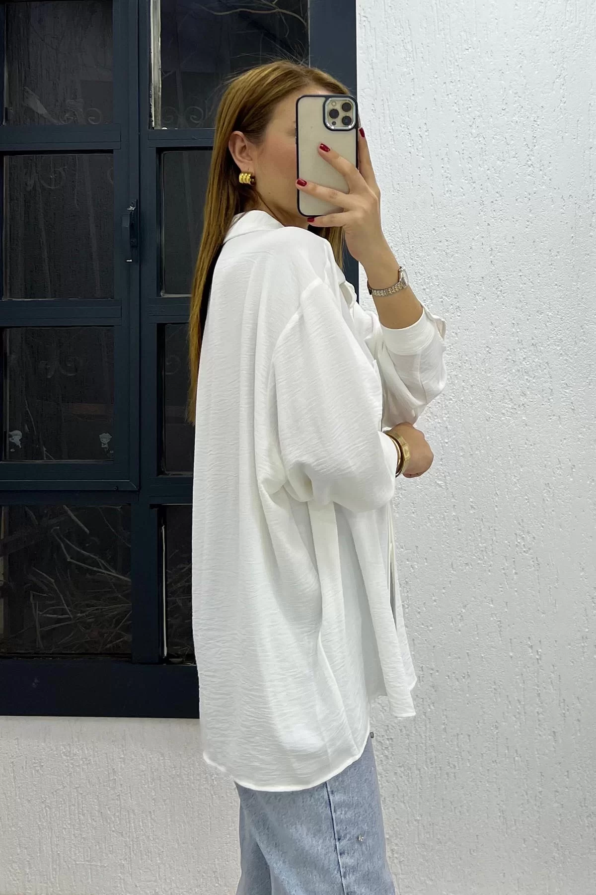 Ayrobin Kumaş Tek Cep Oversize Gömlek Beyaz