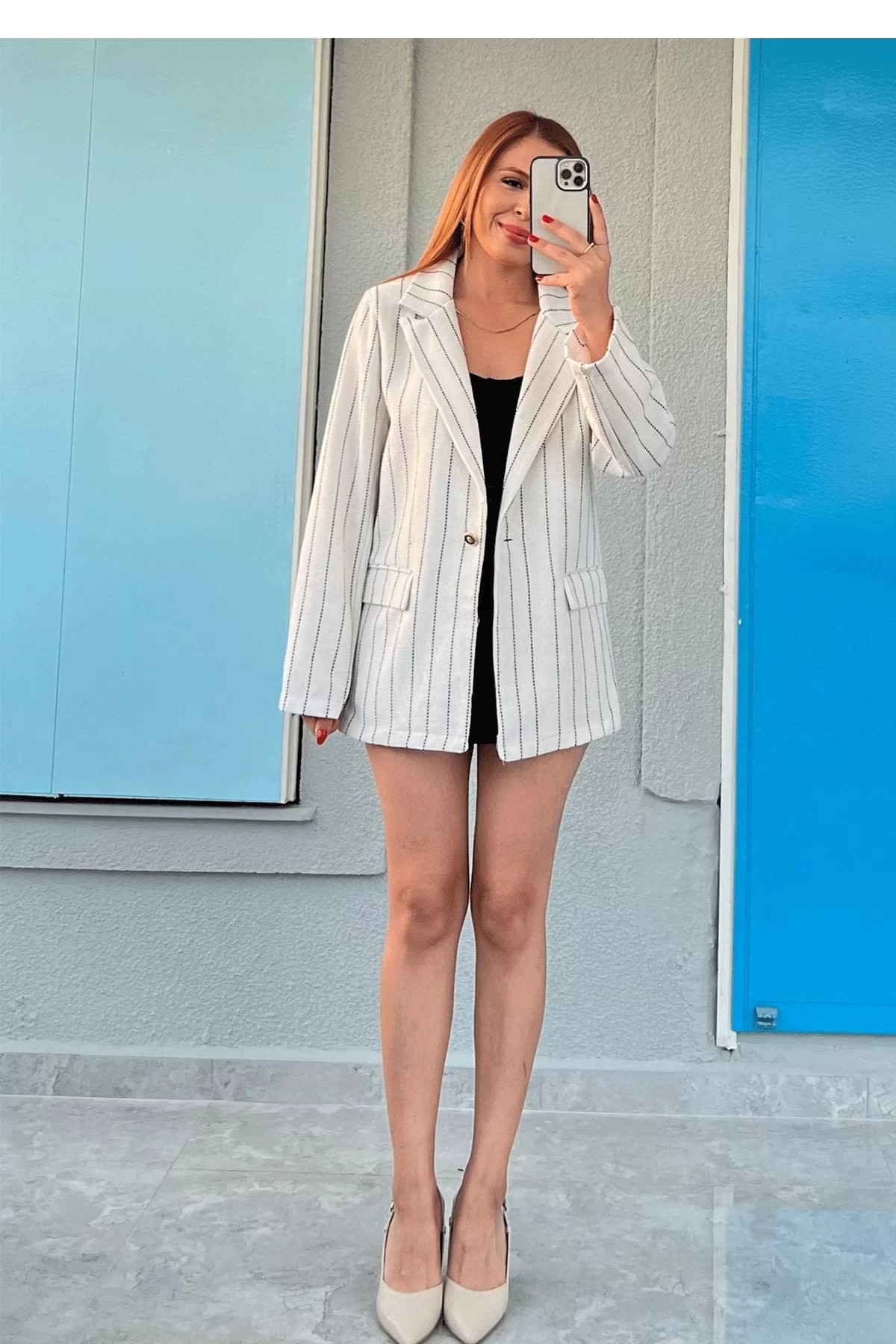 Çizgili Blazer Keten Beyaz Ceket