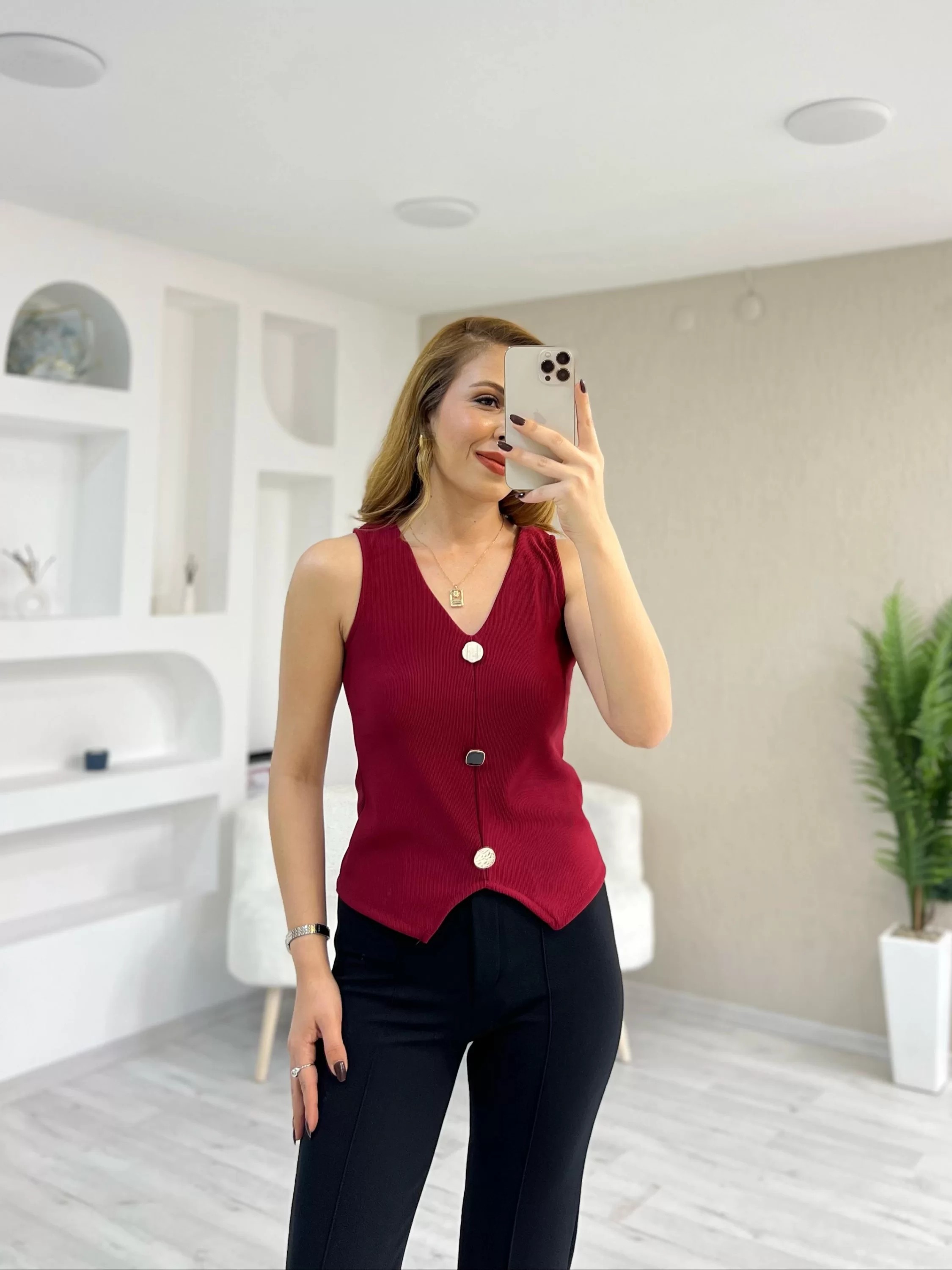 Gold Düğmeli Yelek Bordo