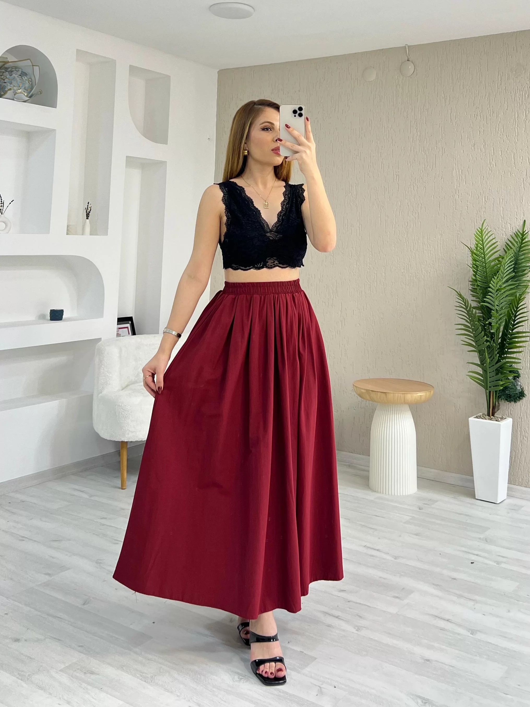 Poplin Cepli Etek Bordo