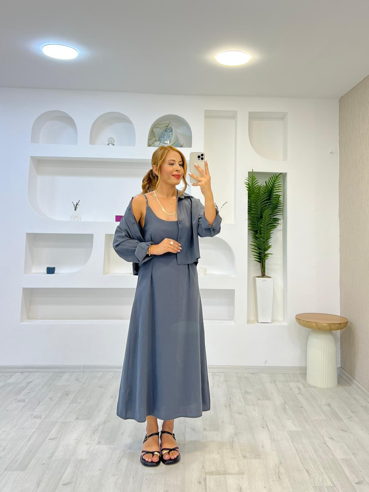 Modal Kumaş Pensli Gömlek Elbise Takım