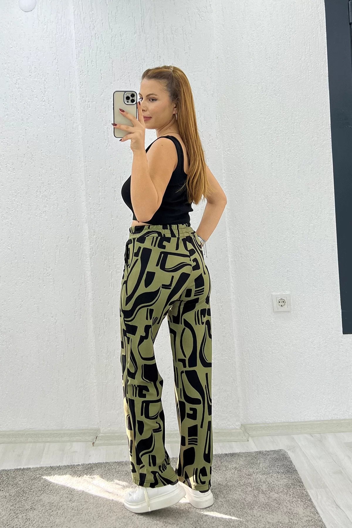 Krep Kumaş Leopar Yeşil Pantolon