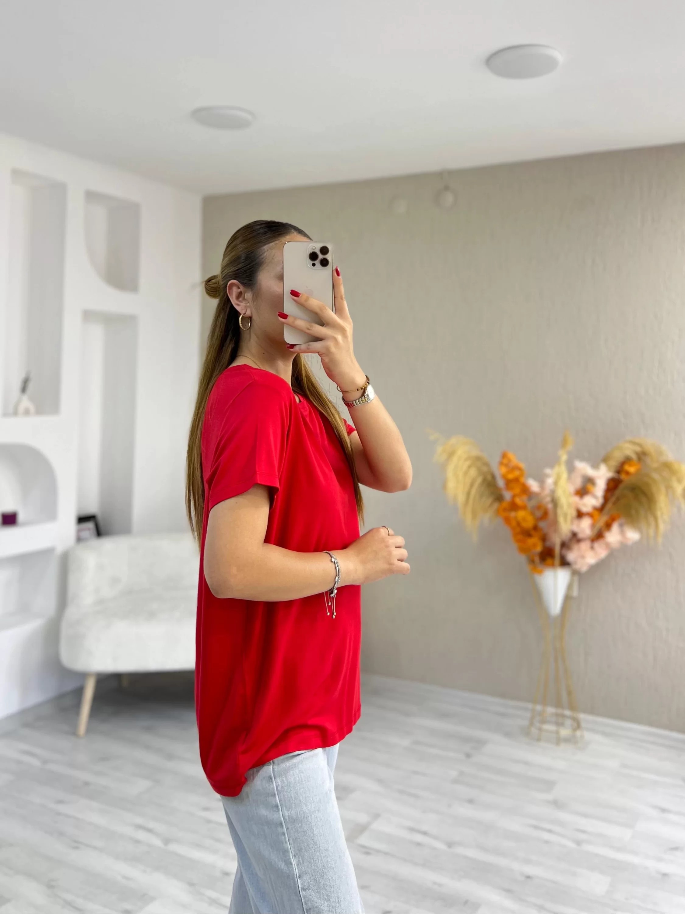 Bisiklet Yaka Viskon Kumaş Basic Tshirt Kırmızı