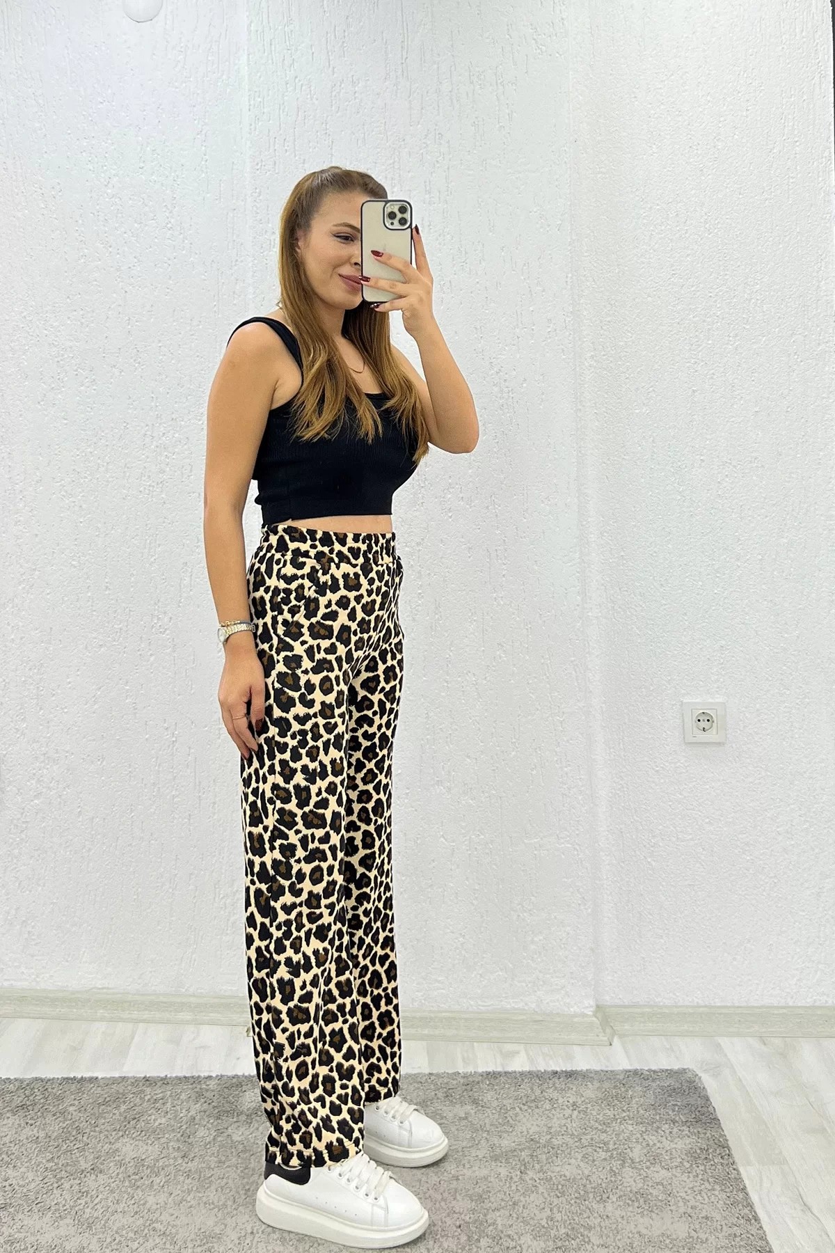 Krep Kumaş Leopar Pantolon