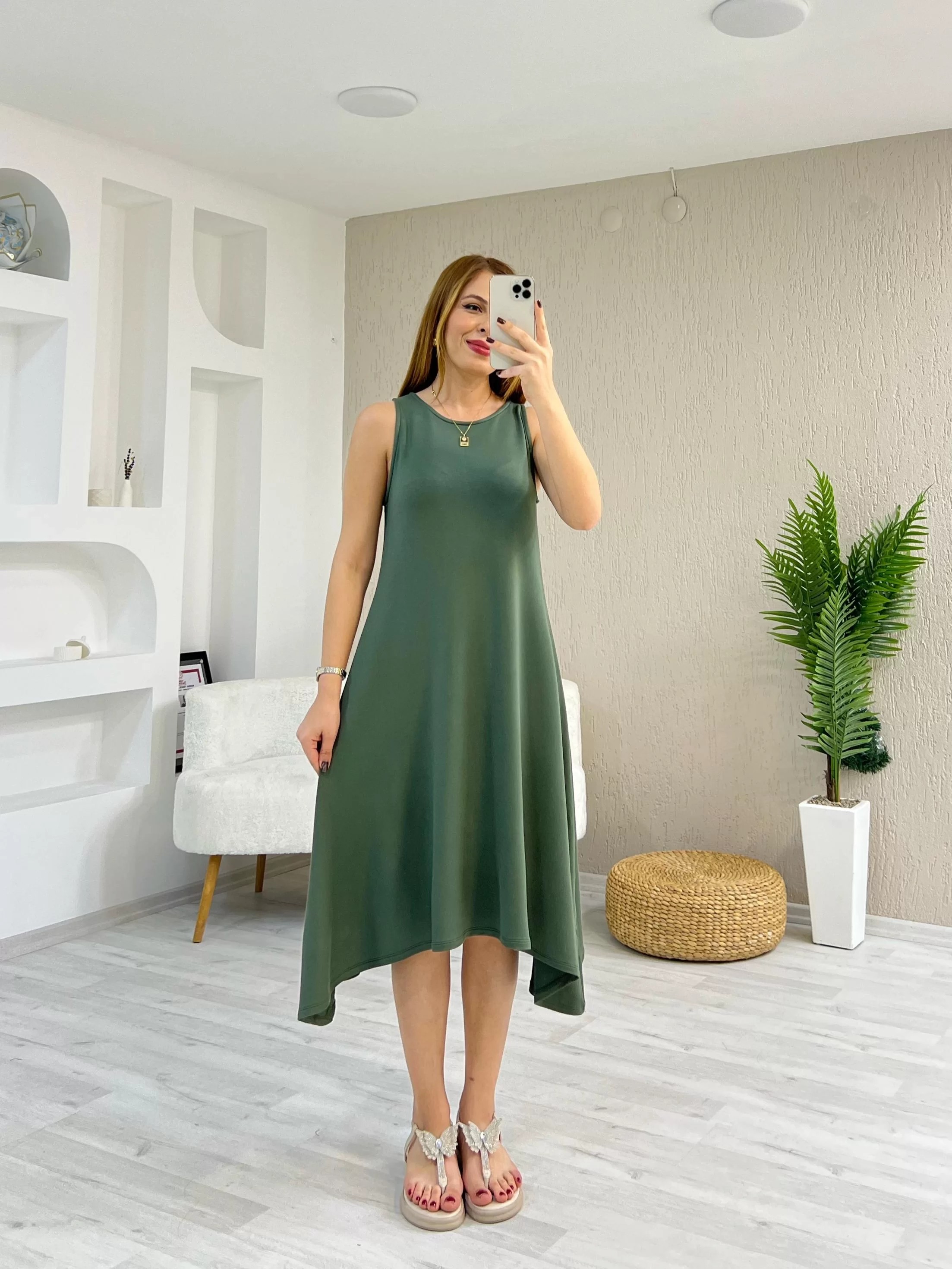 Eteği Asimetrik Elbise Haki