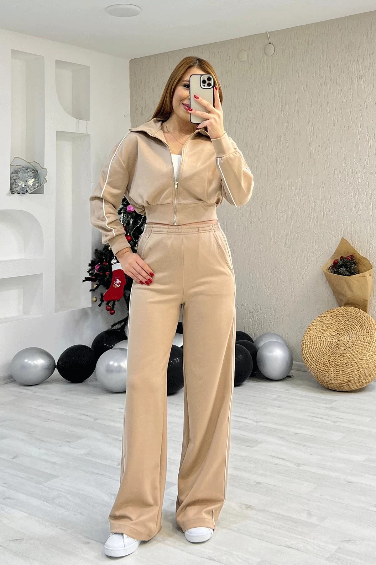 Modal Kumaş Şeritli Crop Ekru İkili Takım