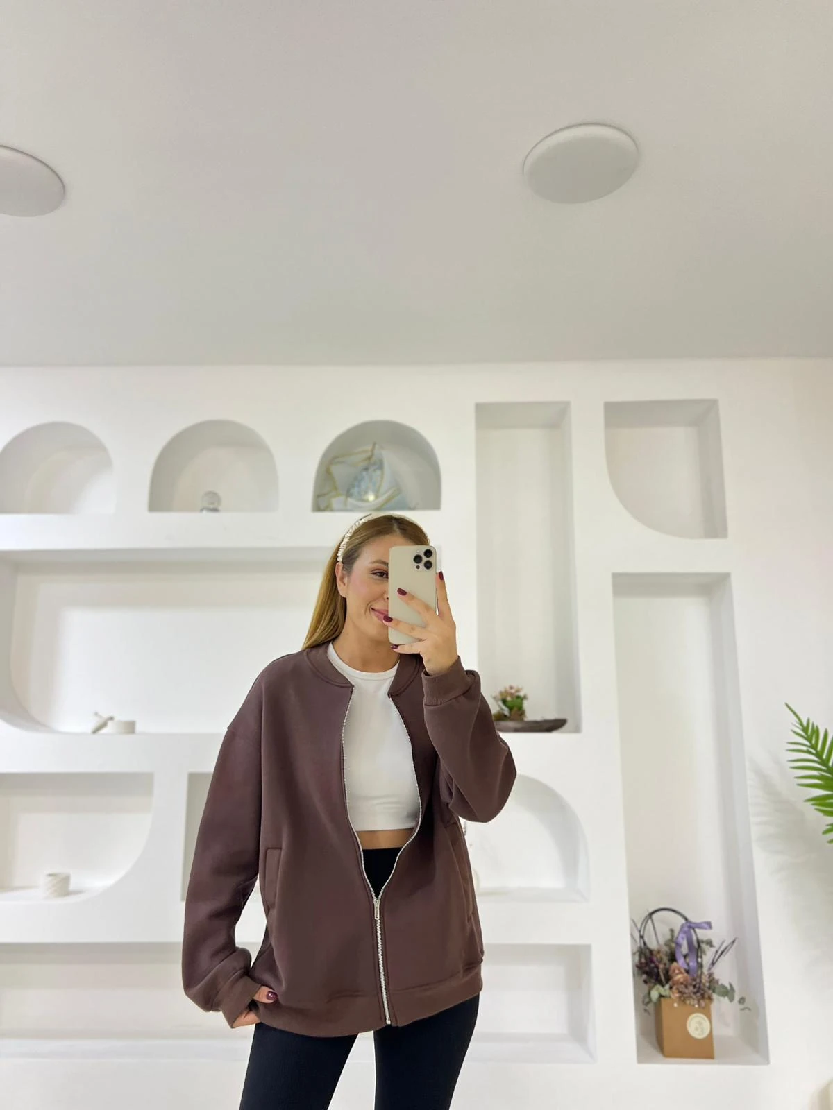 Fermuarlı Kolej Ceket - Kahverengi