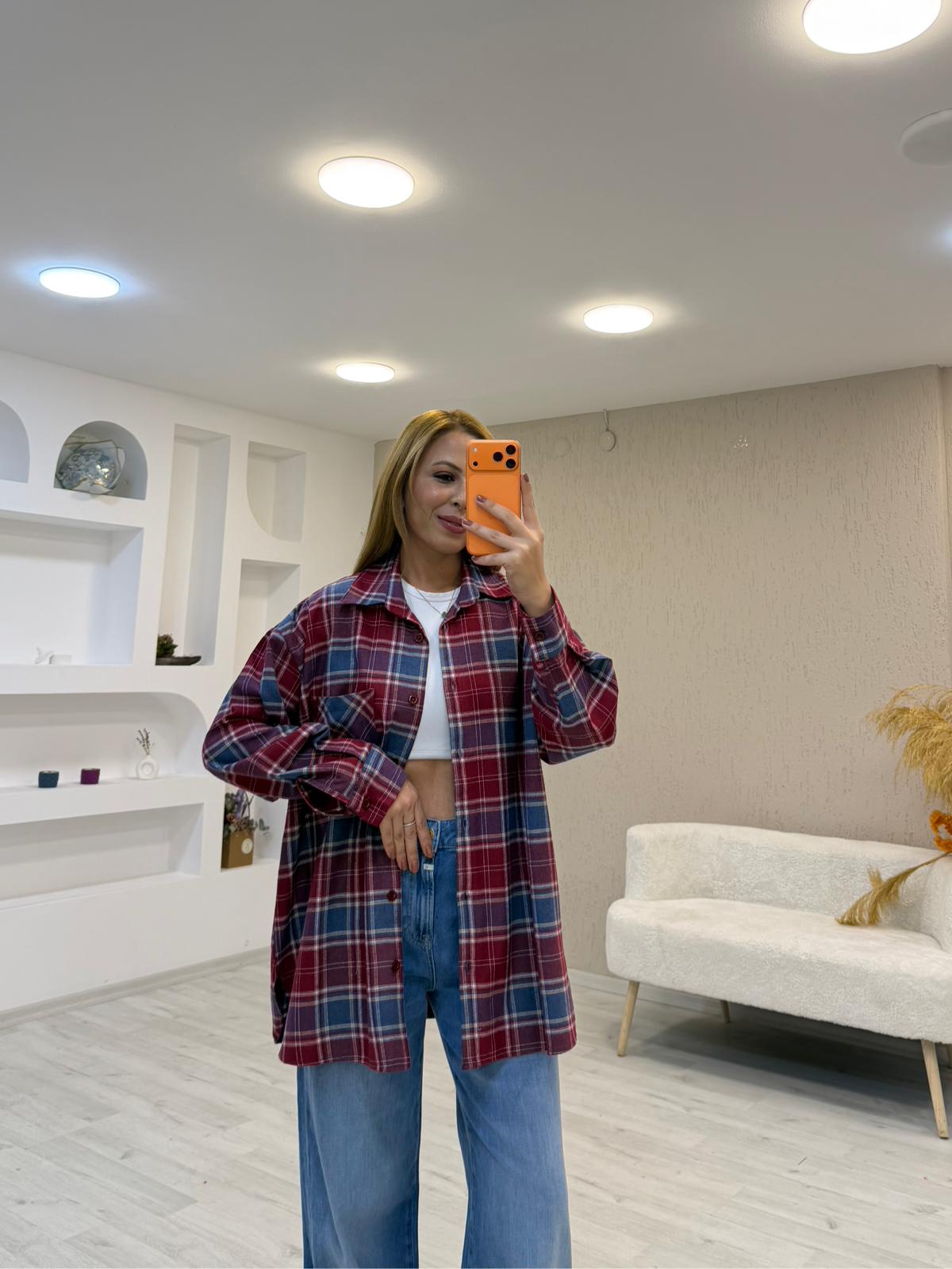 Ekose Pamuk Oversize Gömlek - Bordo