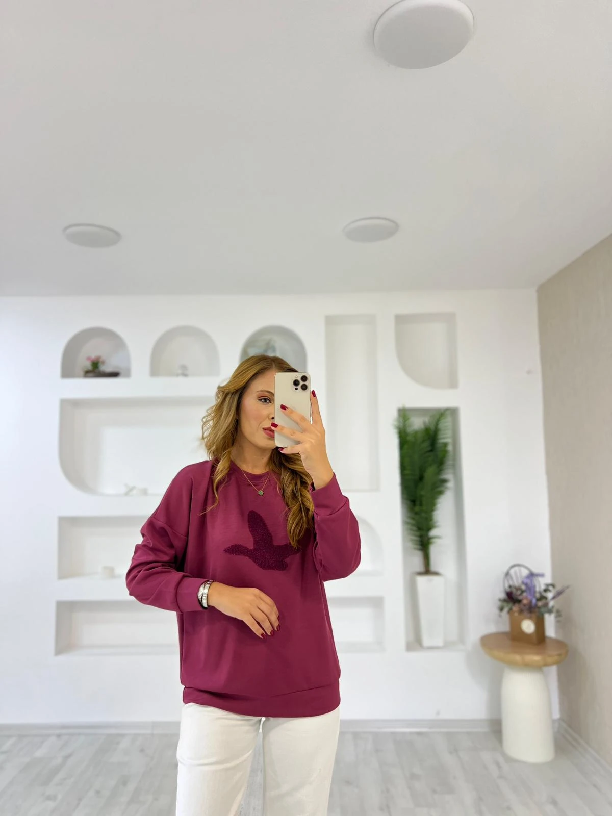 Modal Süzene Kuş Nakışlı Sweat 