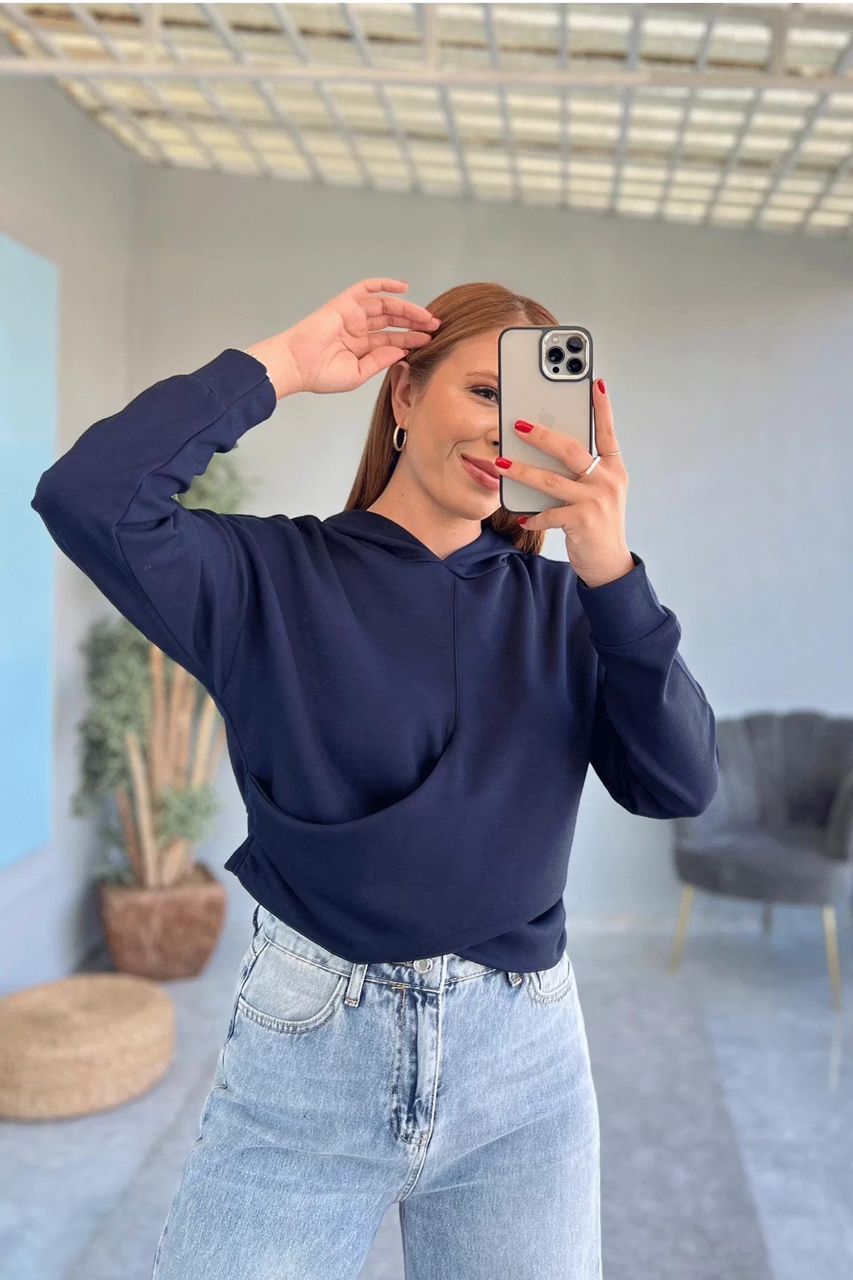 Kapşonlu Crop Lacivert Sweatshirt