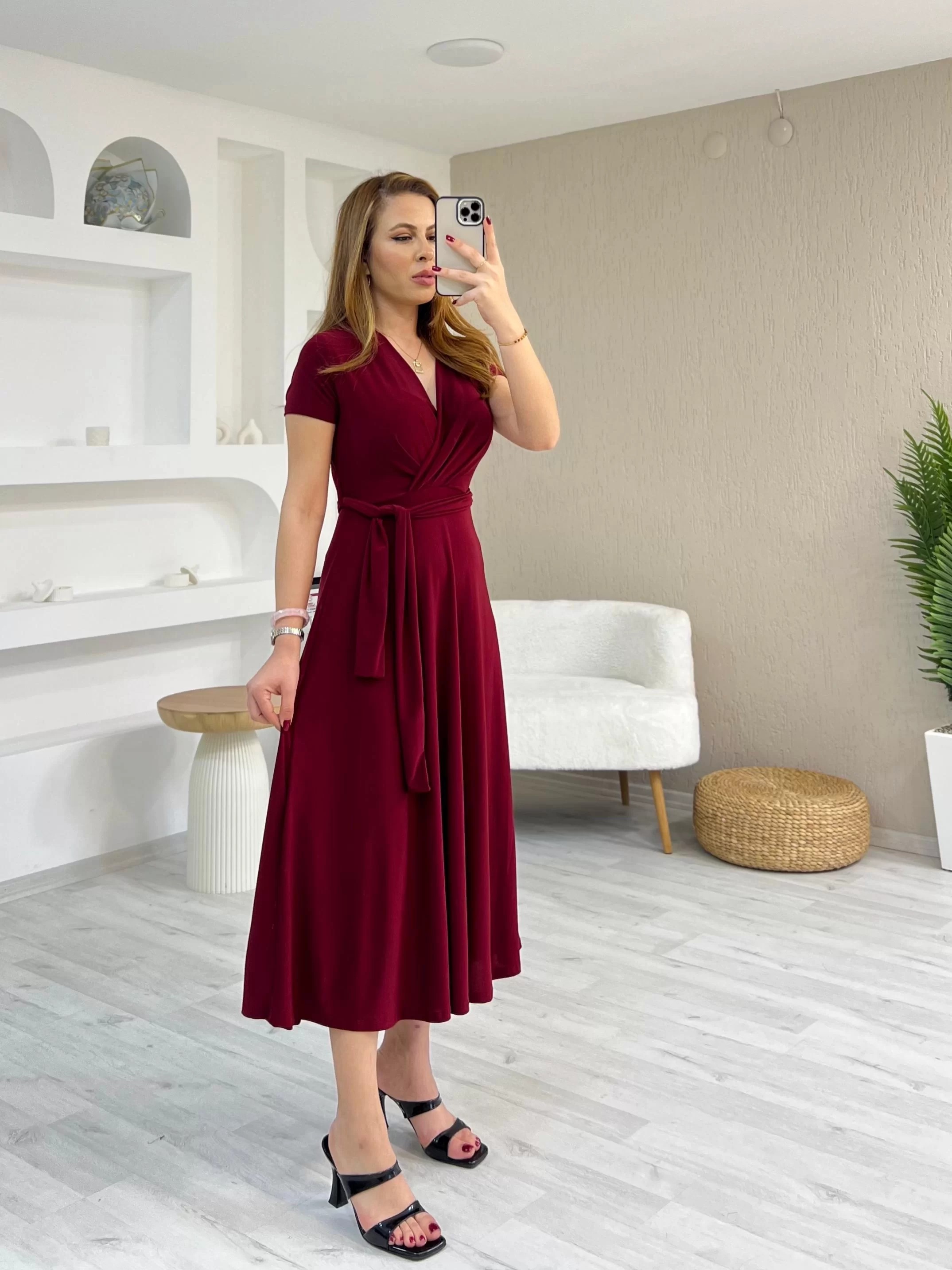 Sandy Kemerli Drapeli Elbise Bordo