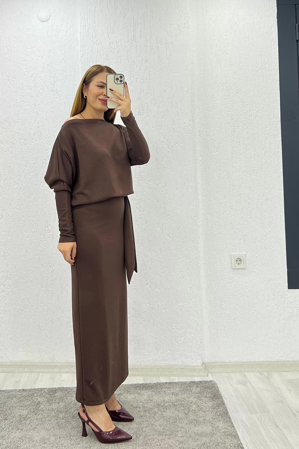 Modal Kumaş Kuşaklı Taba Elbise