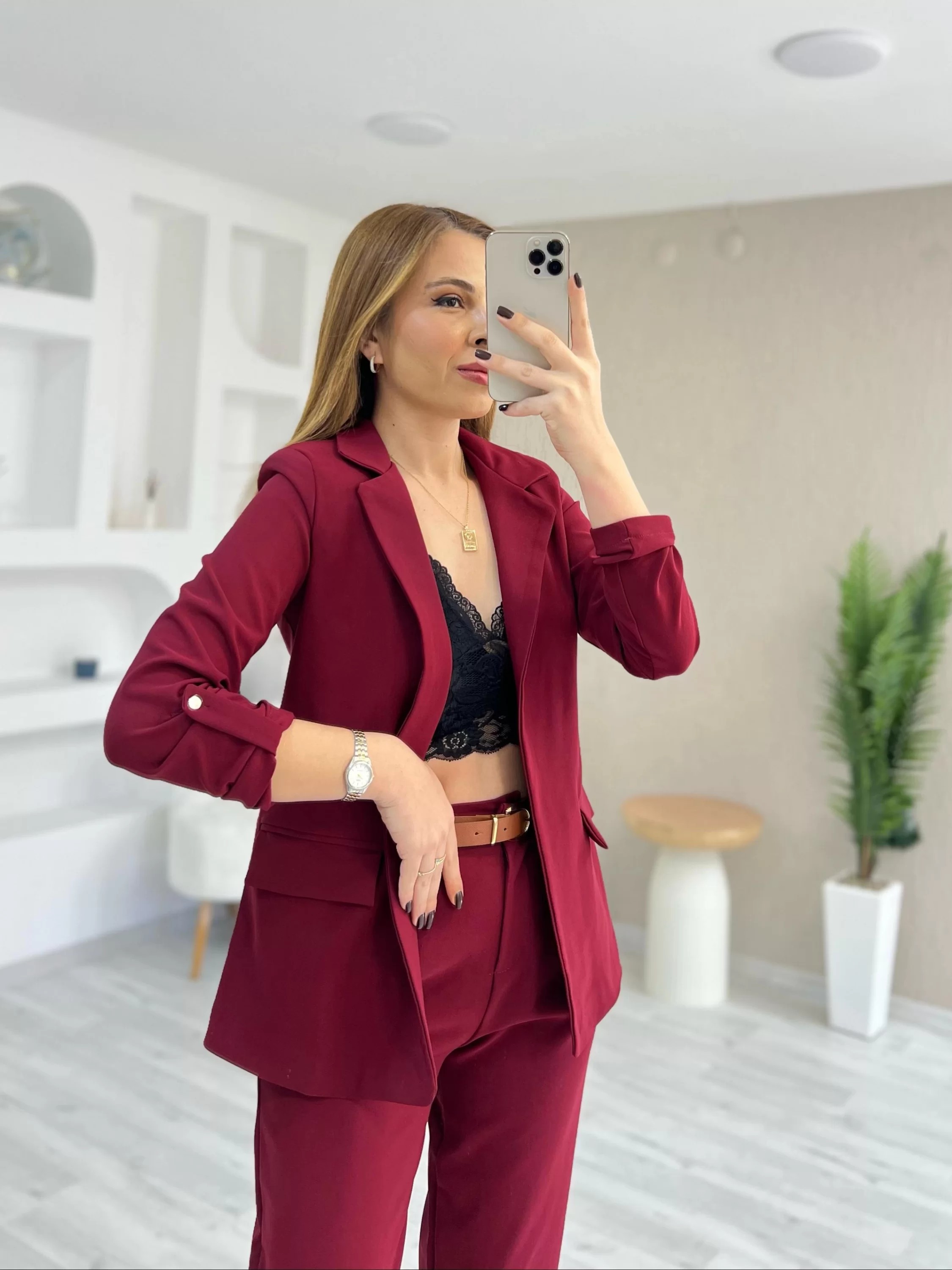 Orjinal Marka ZR Blazer Ceket Havuç Pantolon Takım Bordo