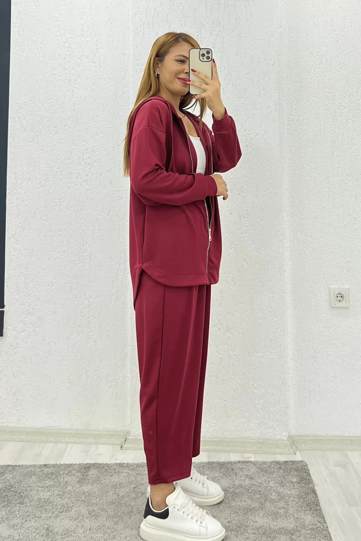 Fermuarlı Kapşonlu Modal Kumaş Bordo Takım
