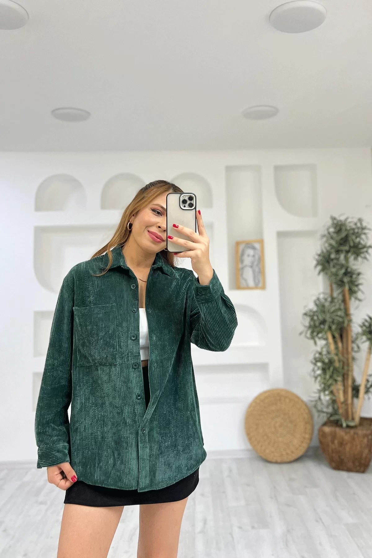 Zara Kadife Zümrüt Yeşili Gömlek