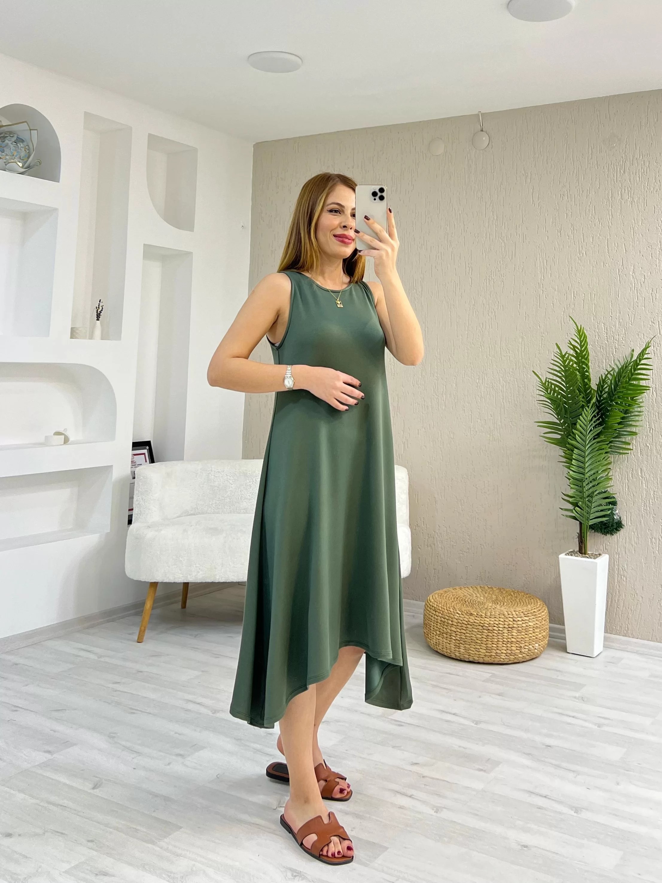 Eteği Asimetrik Elbise Haki