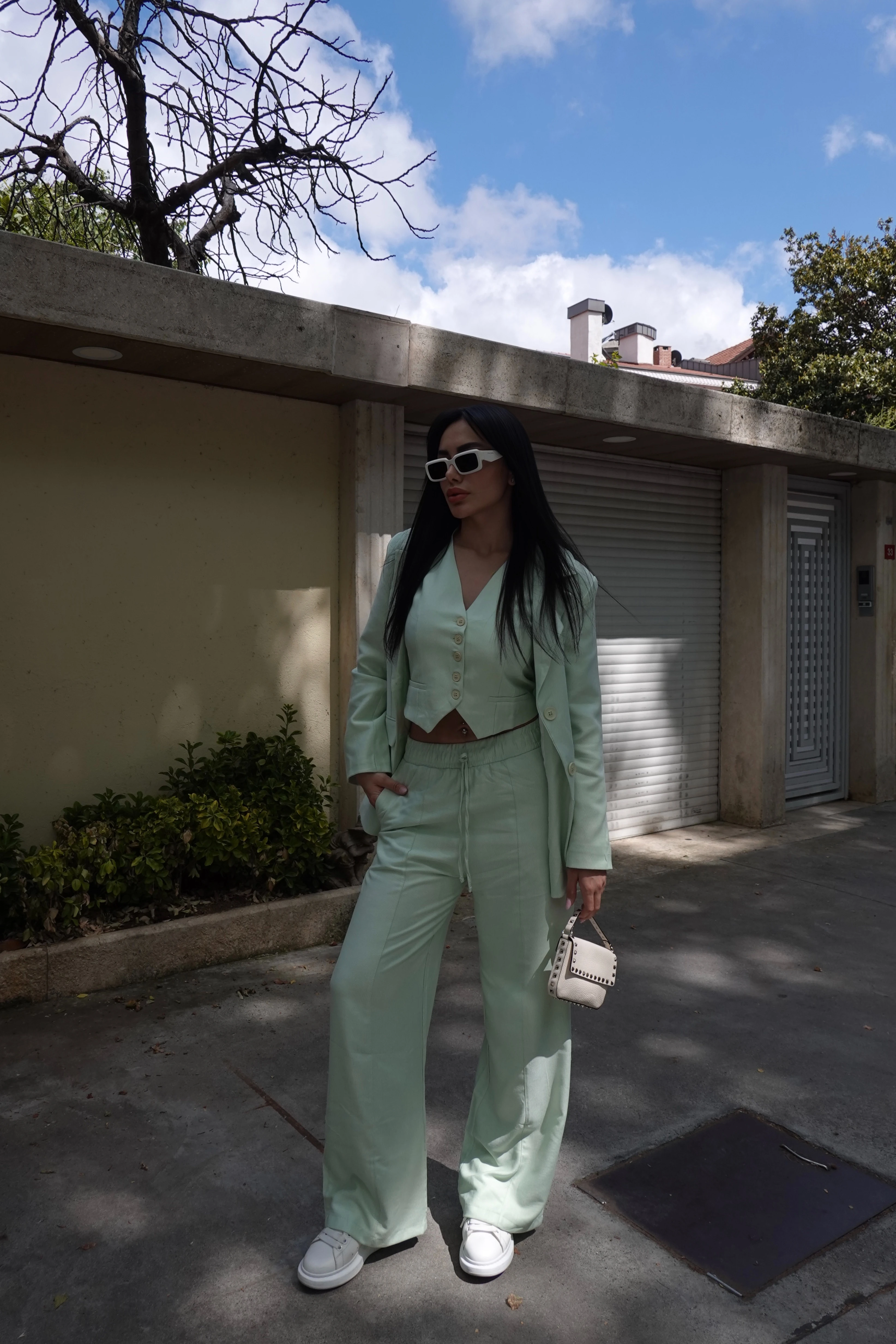 3’lü Keten Blazer Takım - Su yeşili