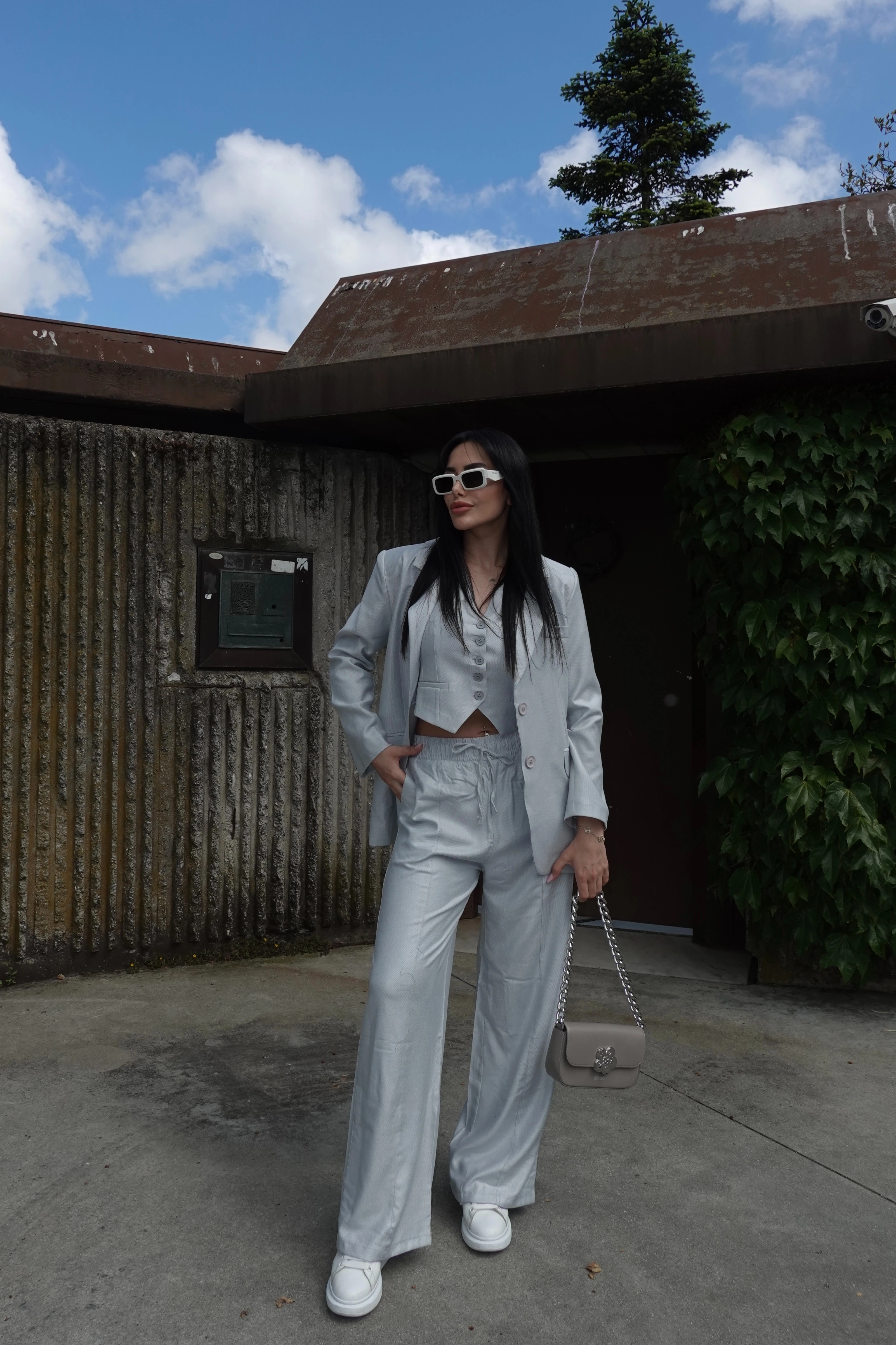 3’lü Keten Blazer Takım - Gri