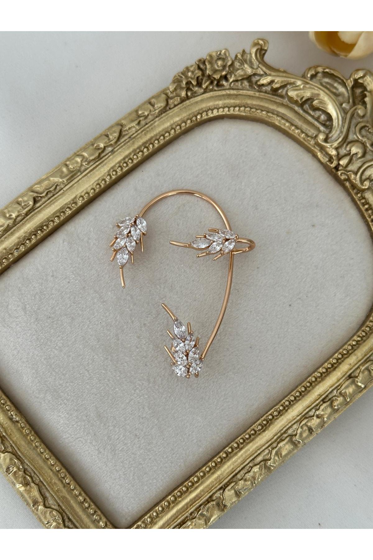 18K Rose Gold Renkli Başak Taneli Full Taşlı Kulak Aksesuarı