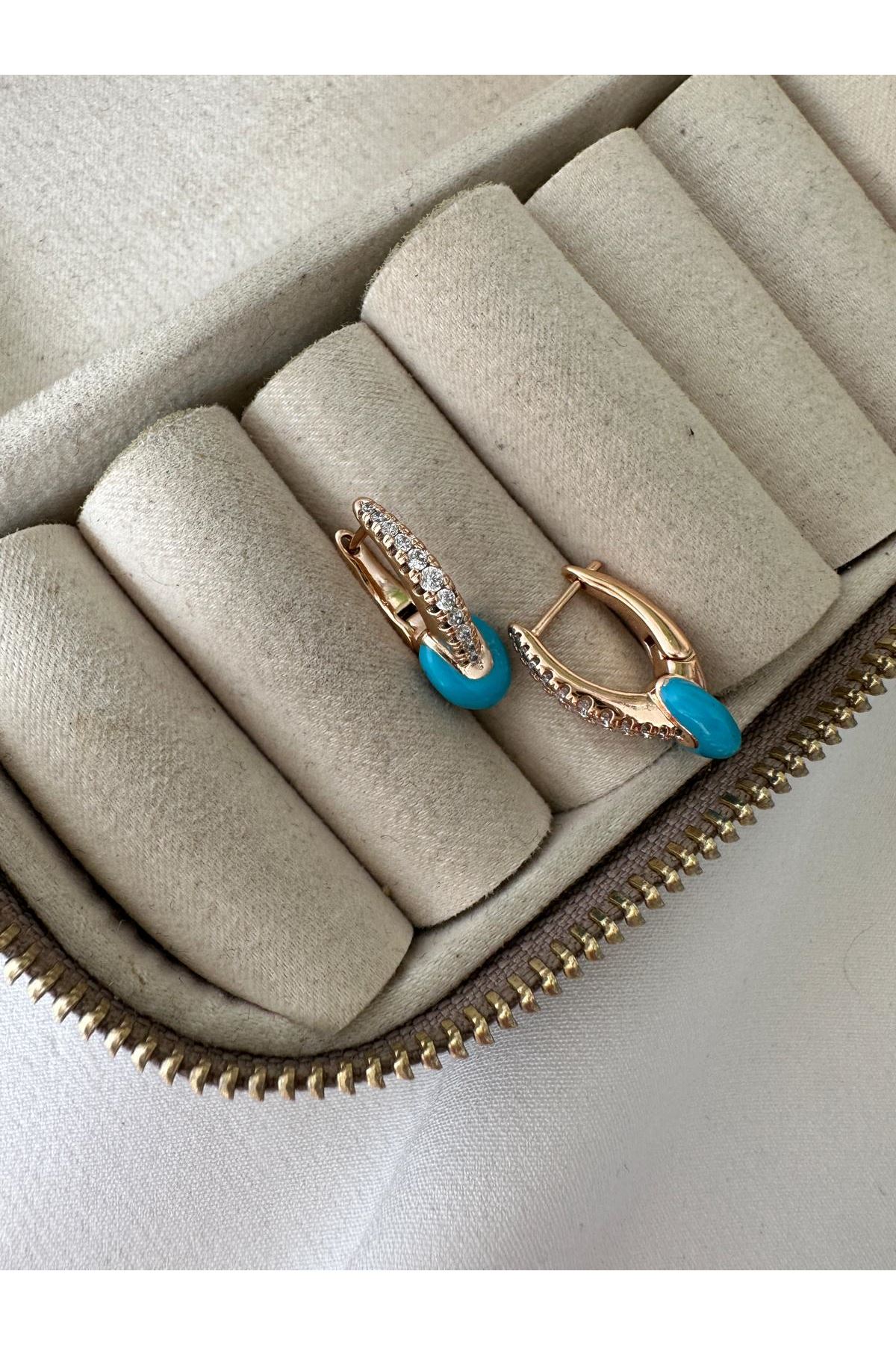 18K Rose Gold Renkli Mavi Topçuklu Lale Form Taşlı Küpe