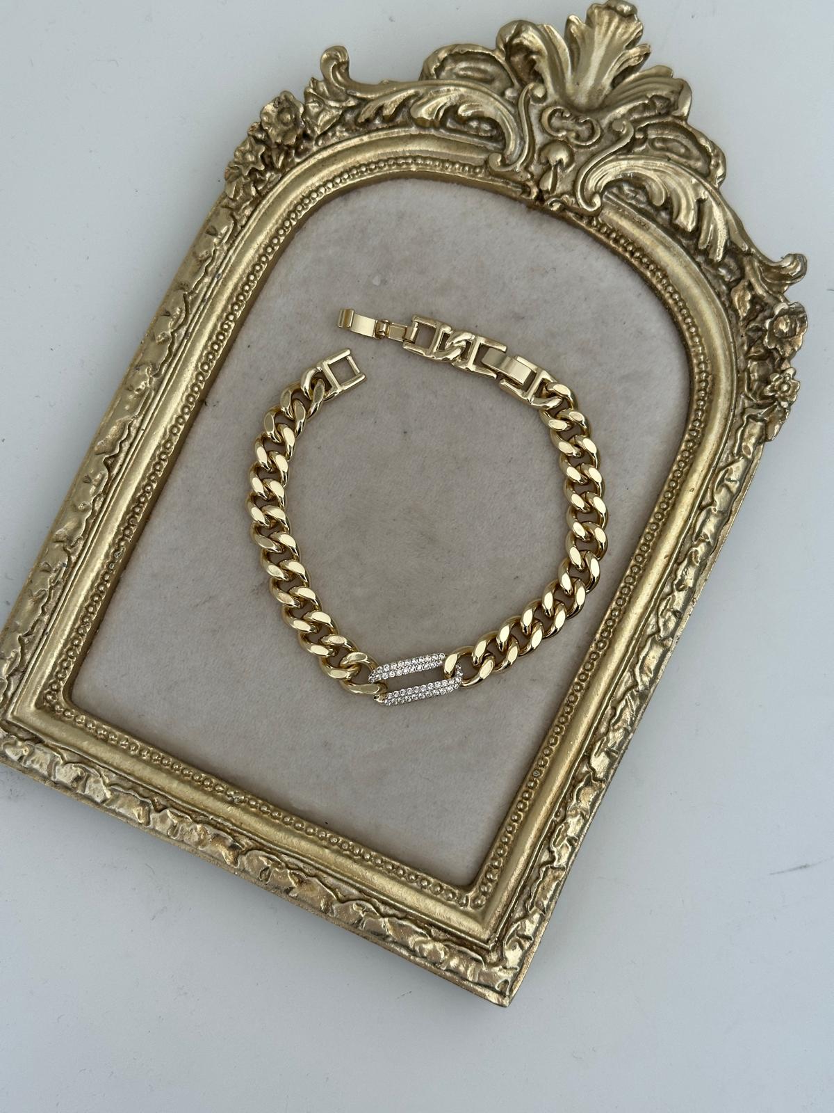 14K Gold Renkli Kuyum Zincir Ortası Oval Taşlı Bilelklik