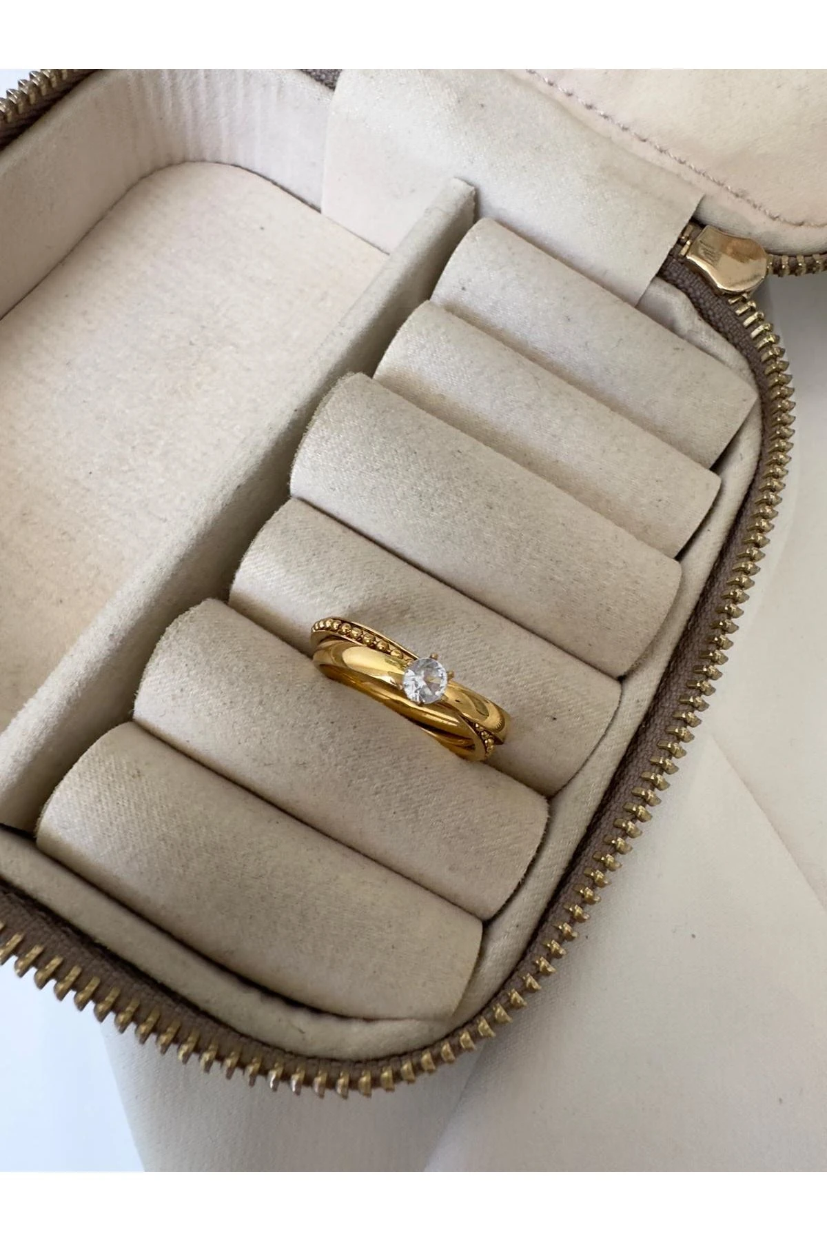 18K Rose Gold Renkli İkili Tek Taş Topçuklu Yüzük