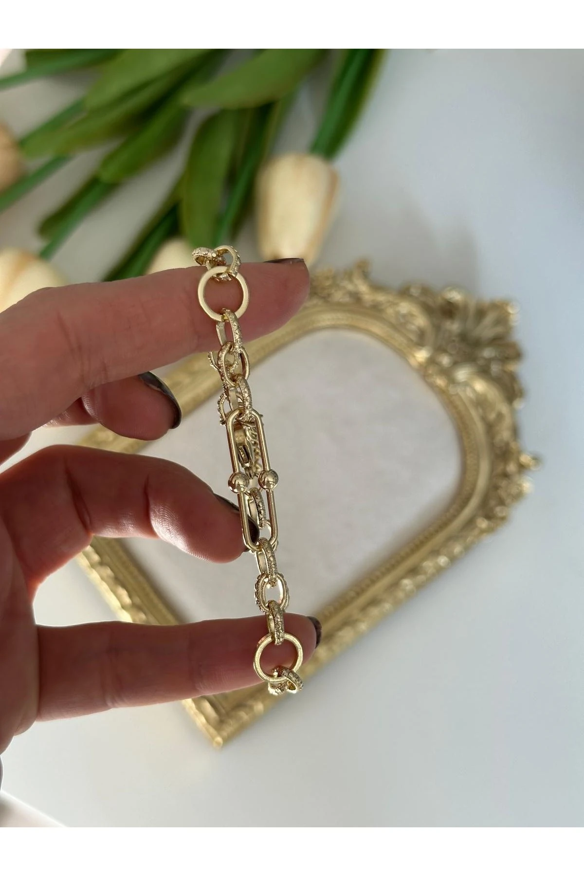 14K Gold Renkli Oval Zincir Kesim Bileklik