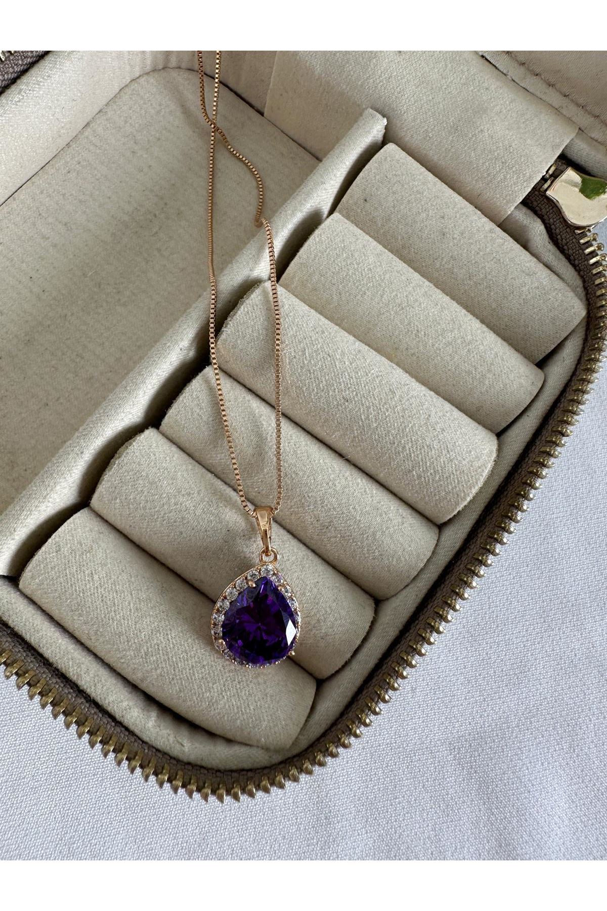 18K Rose Gold Renkli Mor Elmas Form Kolye