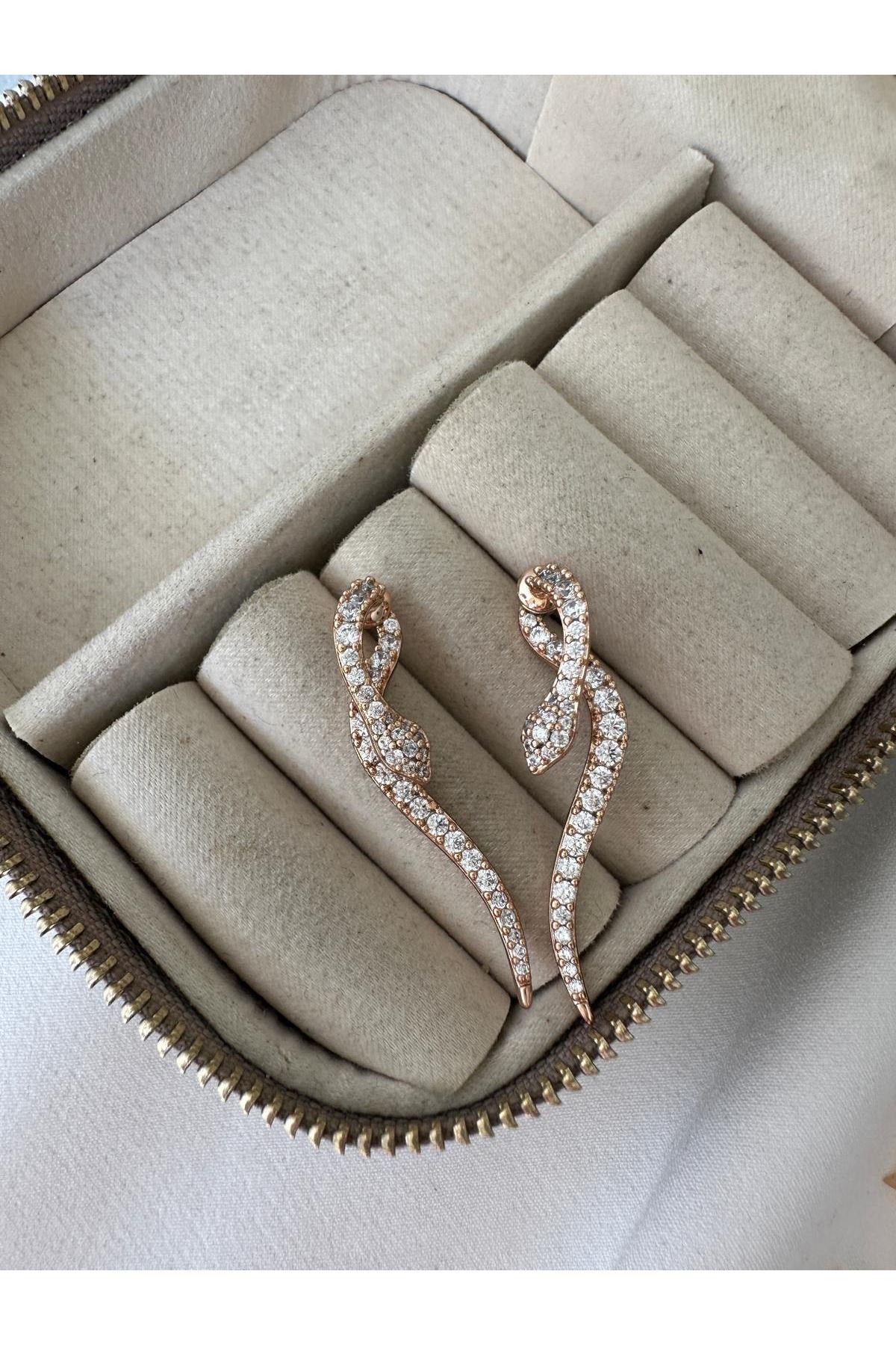 18K Rose Gold Renkli Yılan Taşlı Küpe