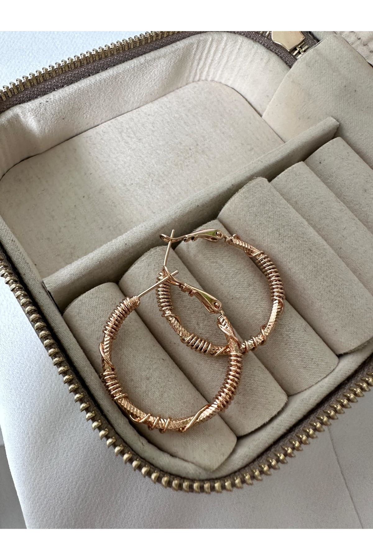 18K Rose Gold Renkli Halka Tel Sarmal Küpe