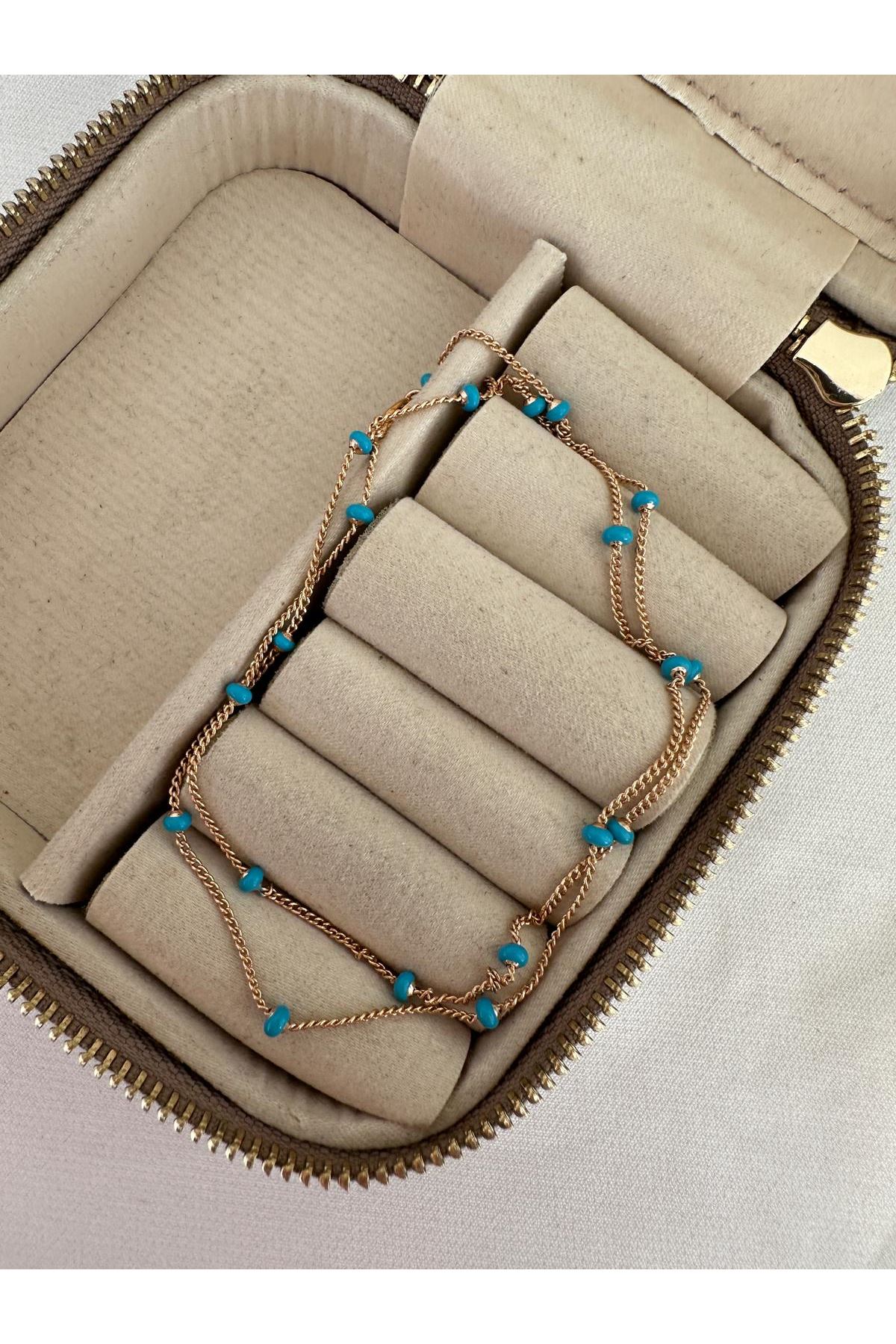 18K Rose Gold Renkli Mavi Boncuklu Zincir Kolye