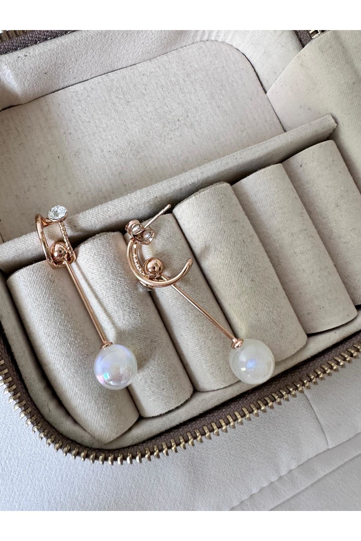 18K Rose Gold Renkli Oynar Çubuklu Top İnci Küpe