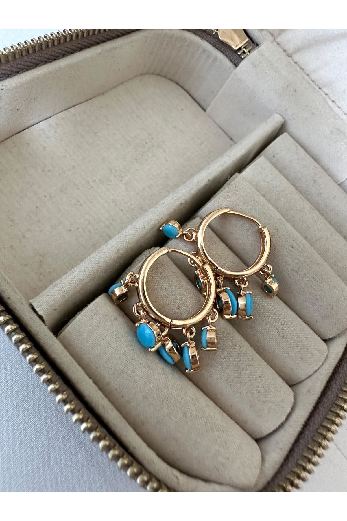 18K Rose Gold Renkli Mavi Boncuklu Shakira Küpe