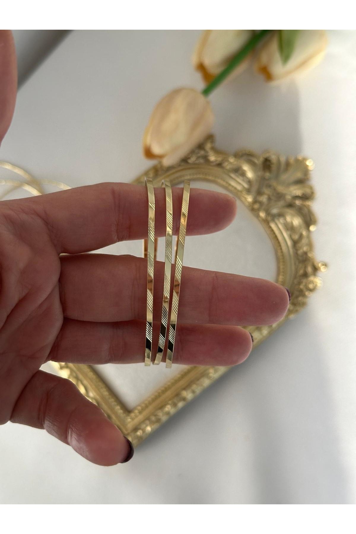 14K Gold Renkli  Parlak Düz Çizgi Şeritli Bilezik