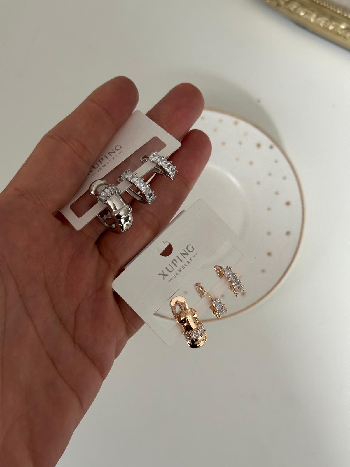 18K Rose Gold-Gümüş Üçlü Halka Kristal Taşlı Set Küpe