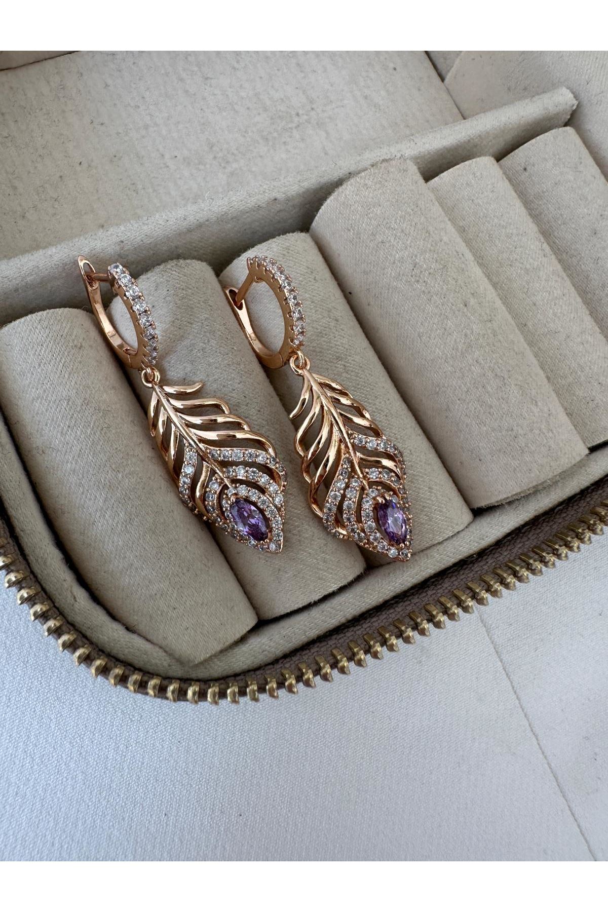 18K Rose Gold Renkli Yaprak Mor Damla Taş Küpe