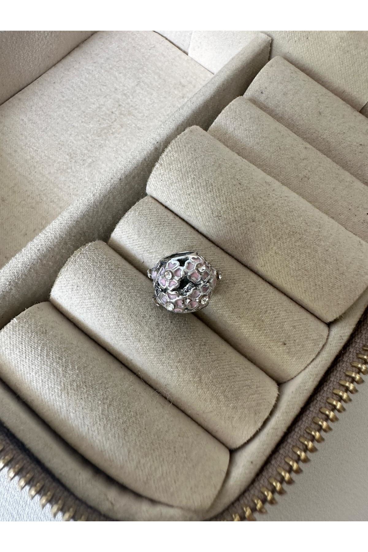Pembe Çiçek Taşlı Oval Charm