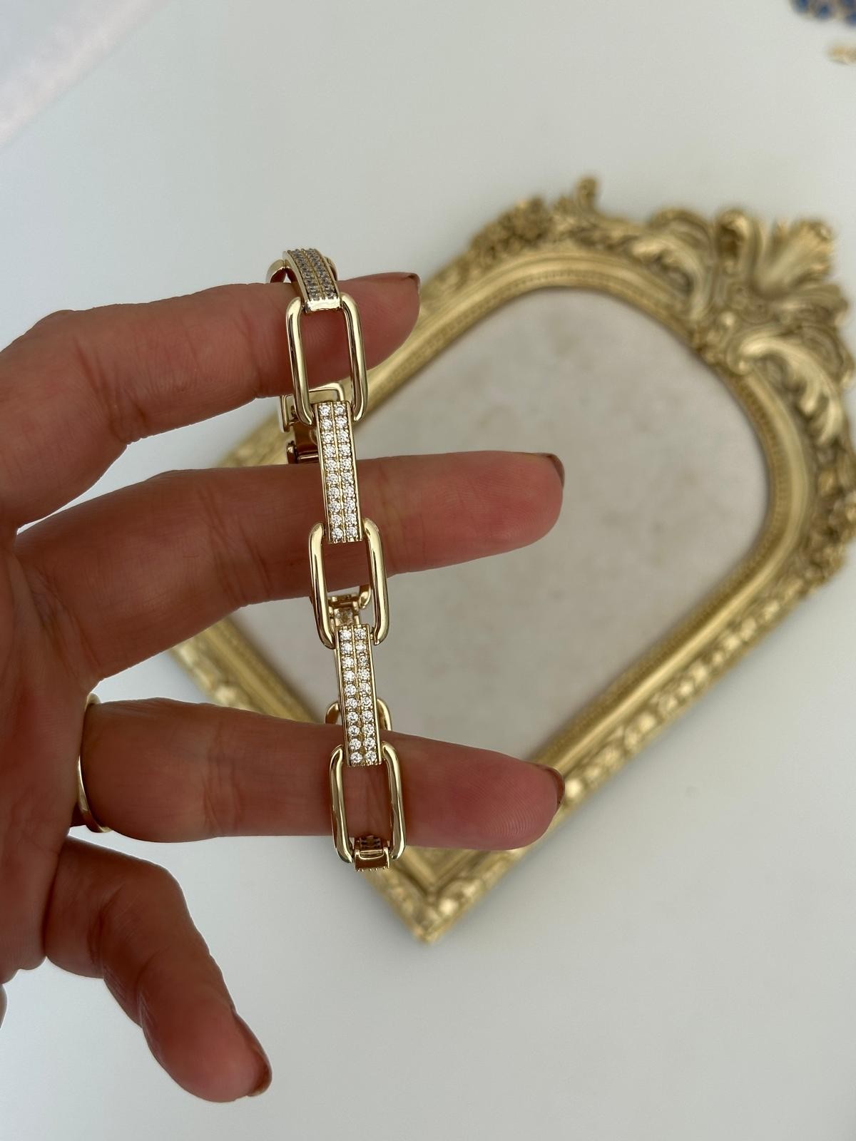 14K Gold Renkli Ojimark Marka Dikdörtgen Birleşim Taşlı Bileklik