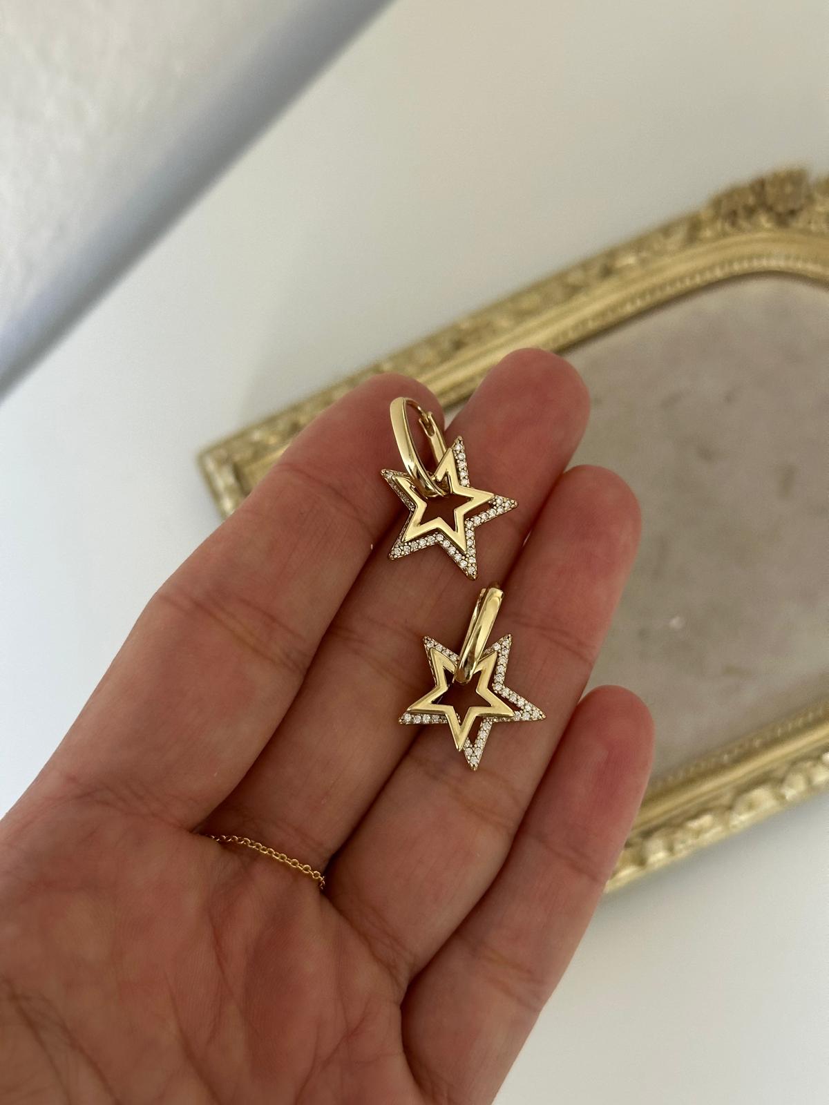 14K Gold Renkli Oval Kesim Çift Yıldızlı Küpe