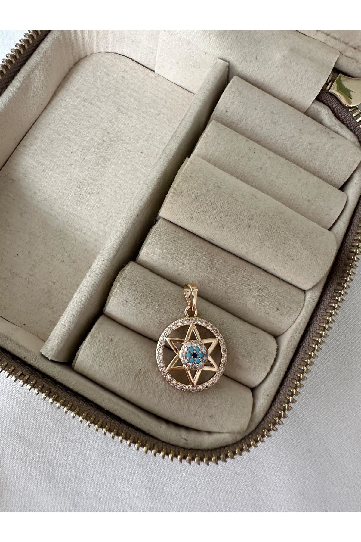 18K Rose Gold Renkli Yuvarlak Halka Ortası Mavi Yıldız Kolye Ucu