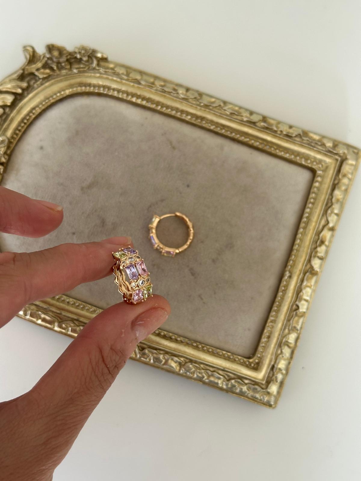 18K Rose Gold ÇİFT Kristal Yuvarlak Taşlı Renkli Halka Küpe