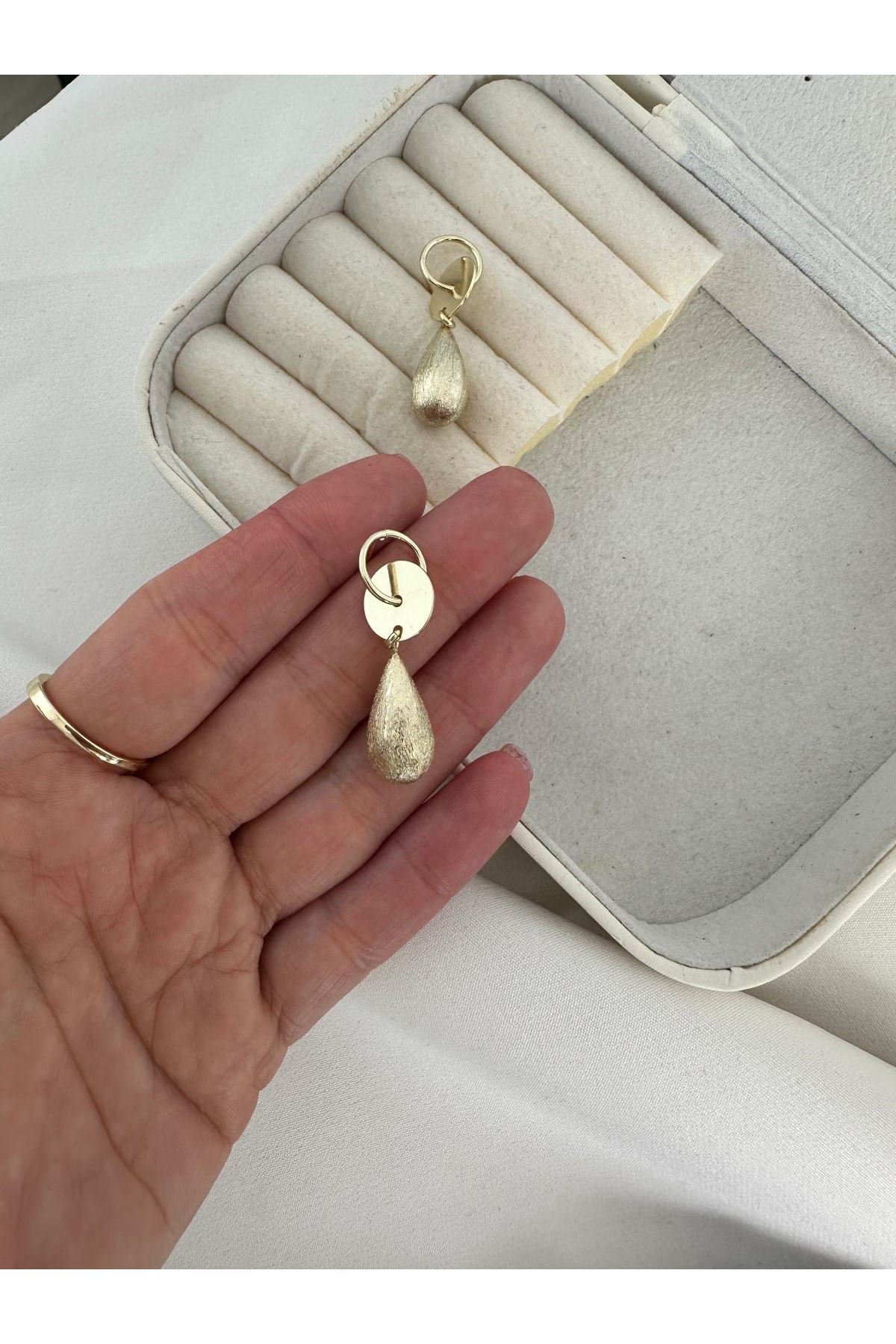 14K Gold Renkli  Halka Yuvarlak Plaka Kendinden Varaklı Parlak Dolum Damla Küpe