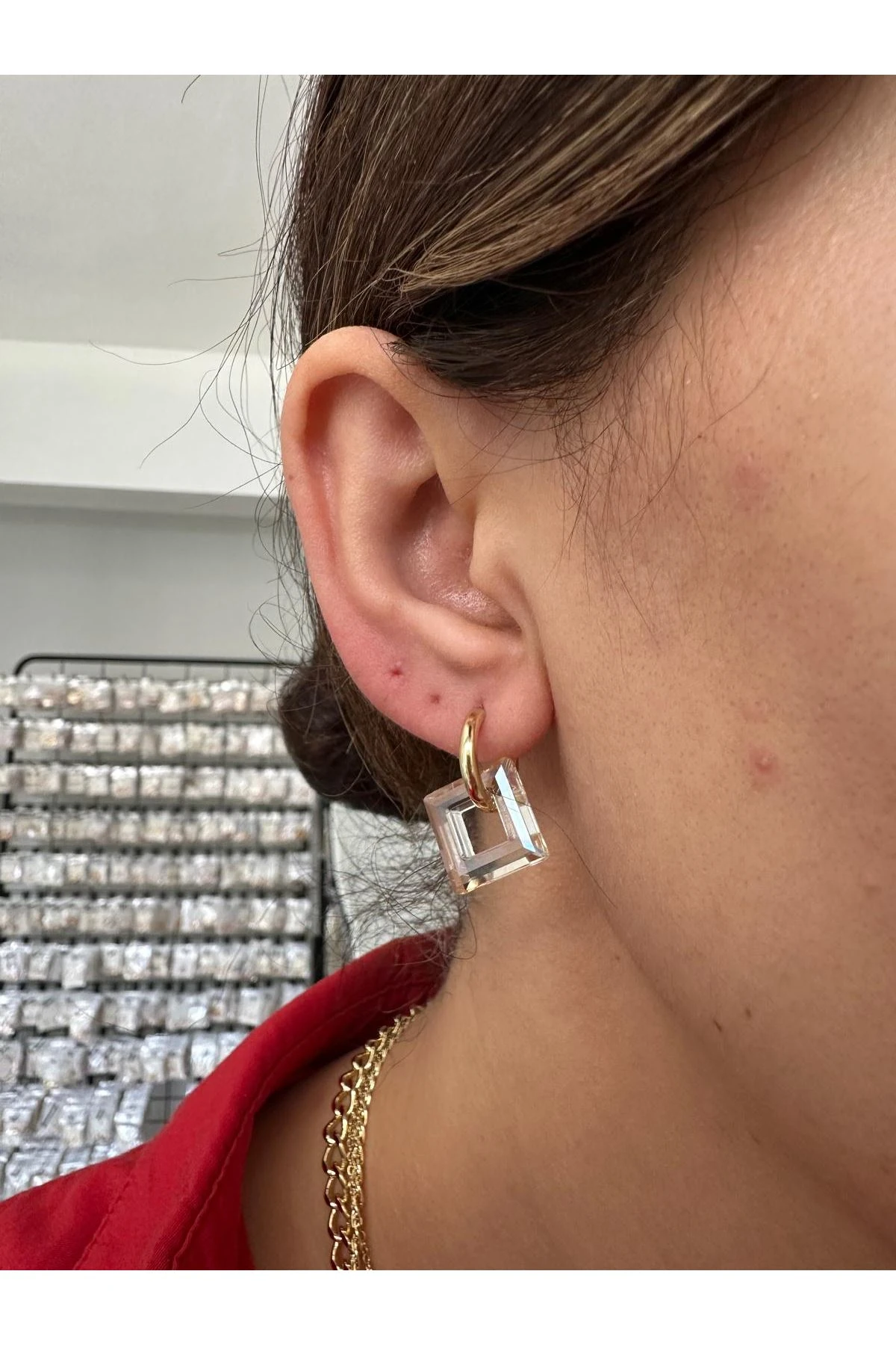 18K Rose Gold Renkli Halka Sarı Mineli Küpe