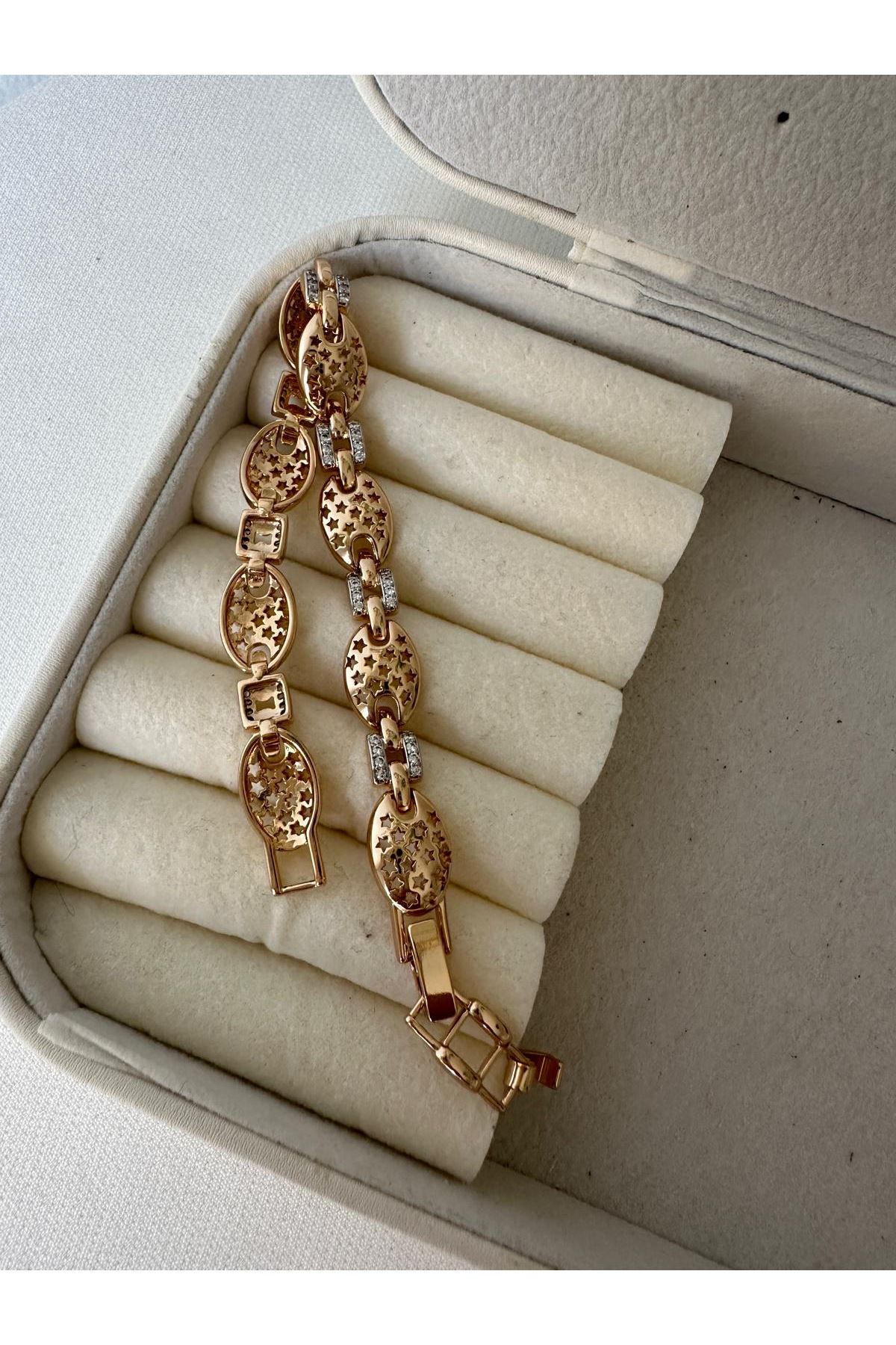 18K Rose Gold Renkli Oval Yıldız Kesimli Mix Beyaz Taşlı Bileklik