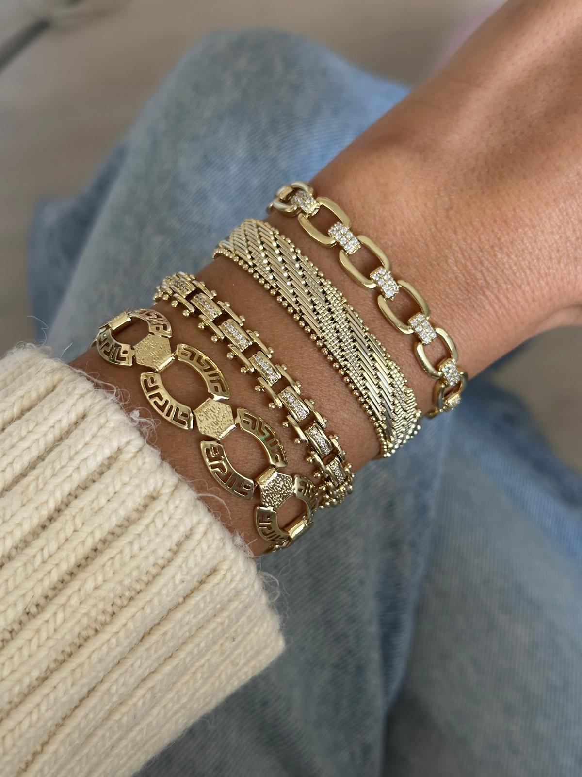 14K Gold Renkli Oval Çift Plaka Birleşik Taşlı Bileklik