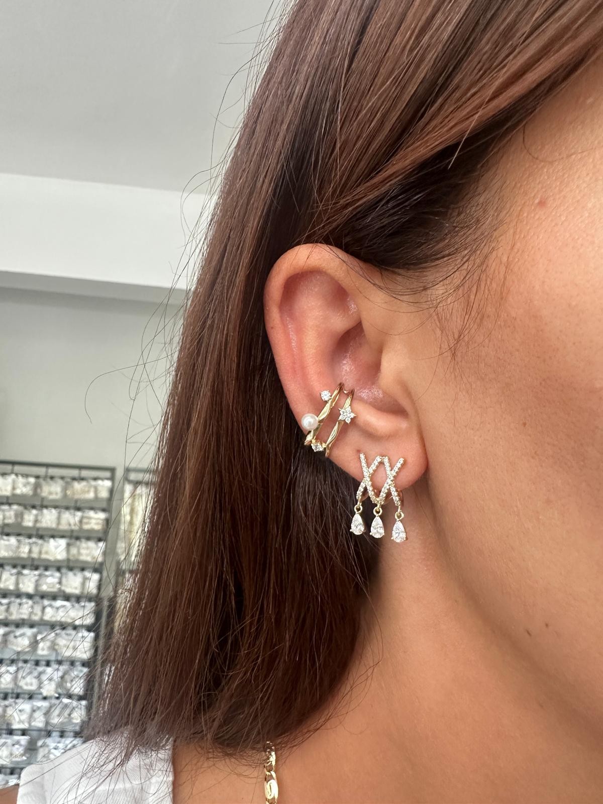 14K Gold Renkli Üçlü X Taşlı Küpe