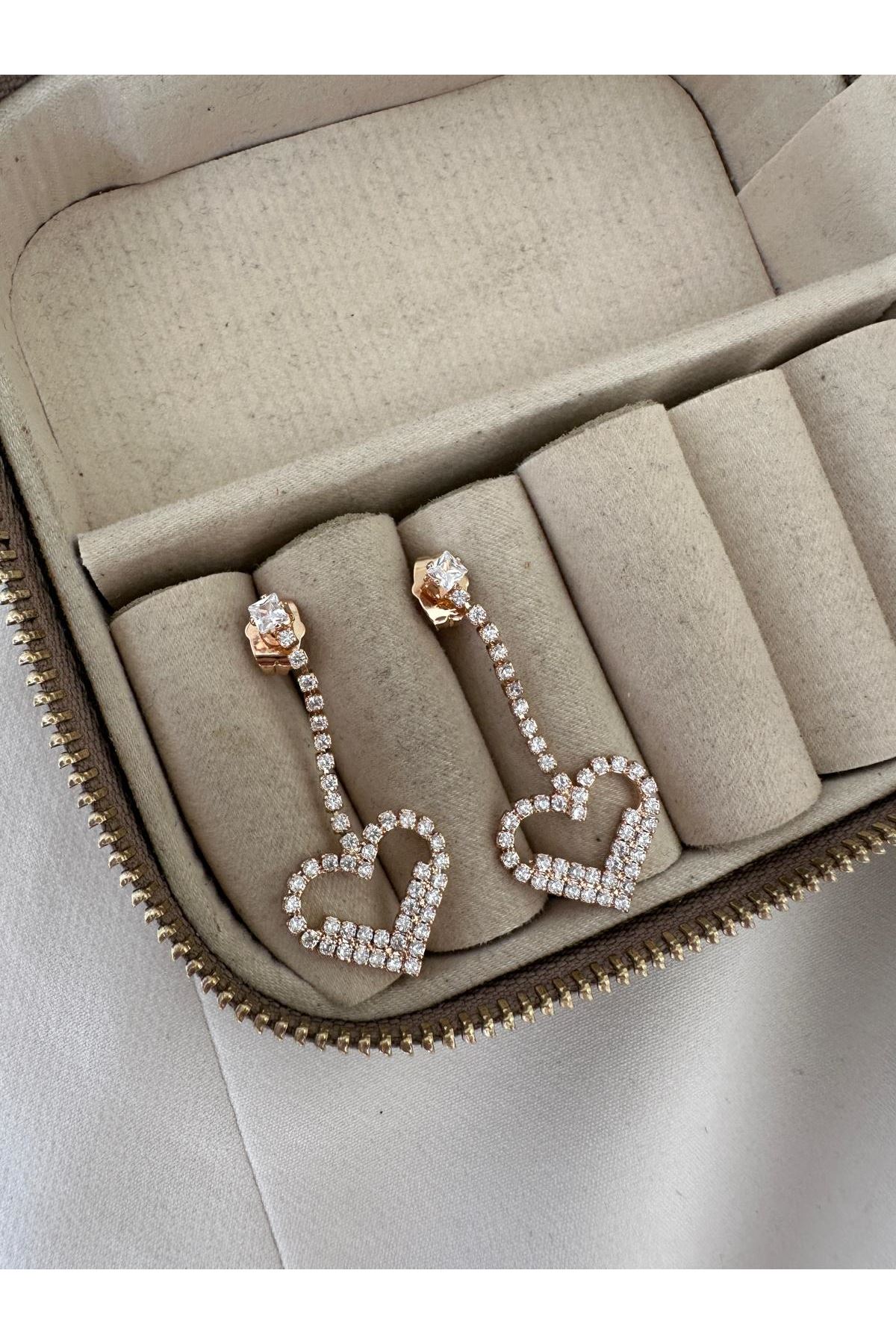 18K Rose Gold Renkli Kalp Sarkık Su Yolu Full Taşlı Küpe